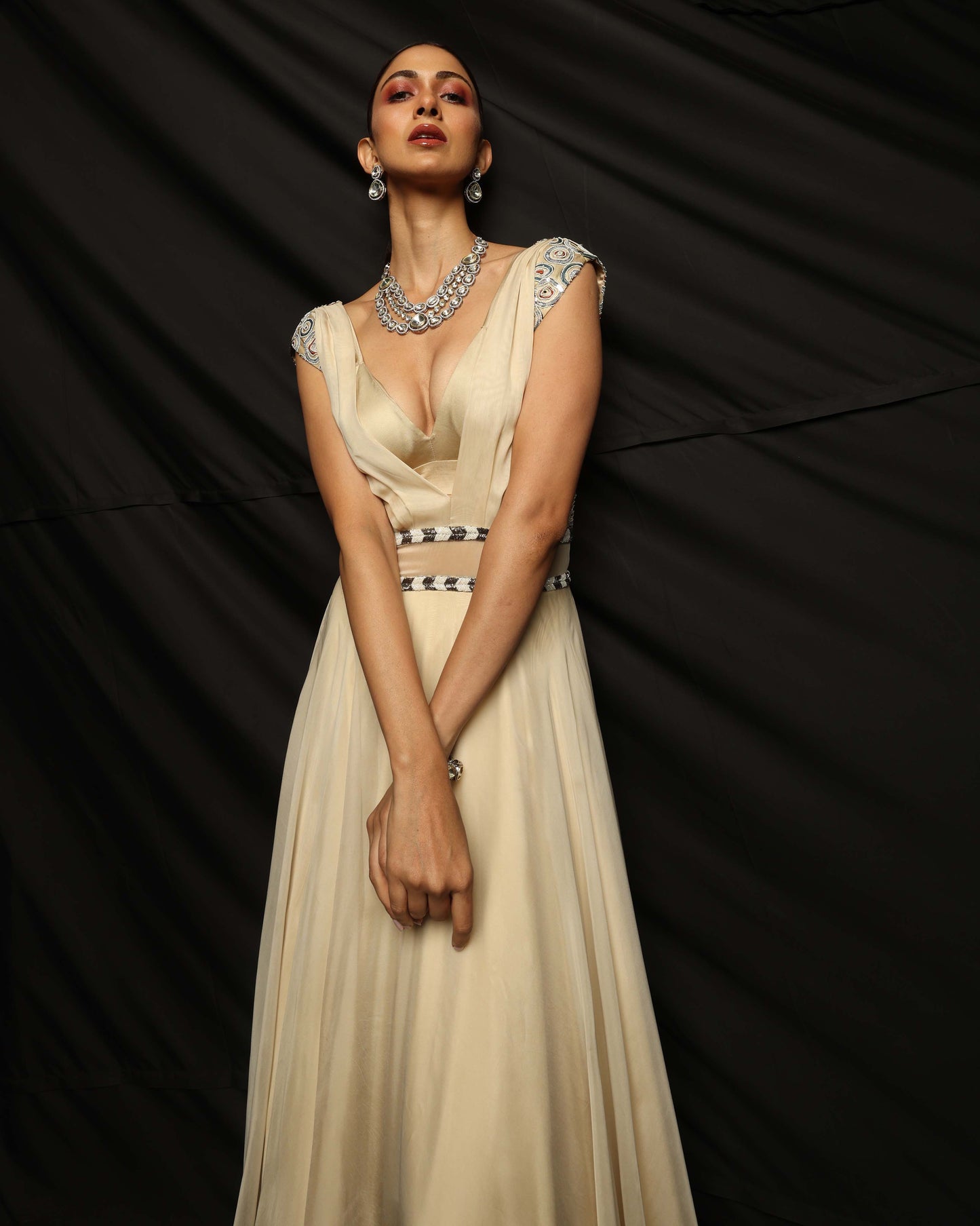 Cream Embroidered organza gown with bralette