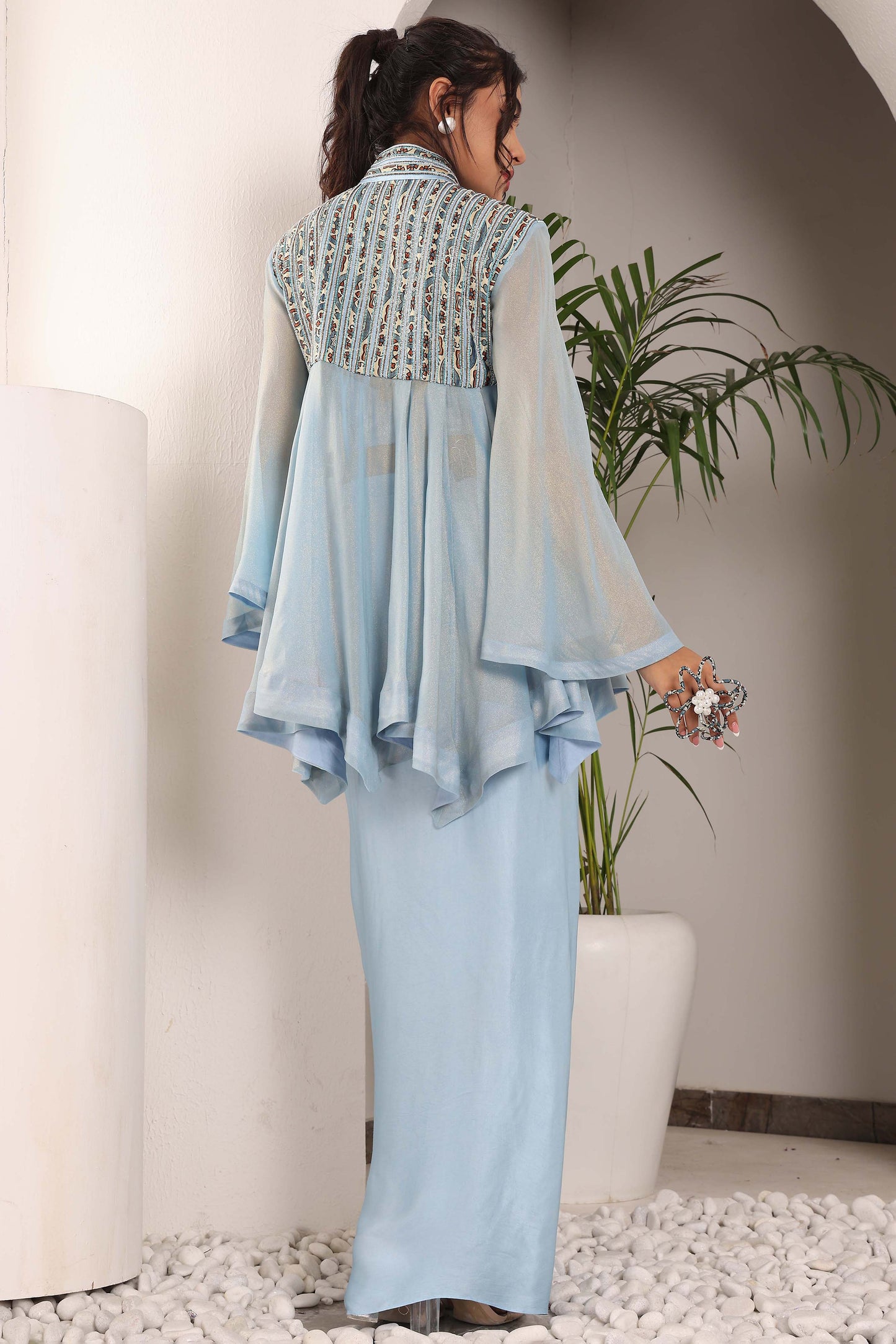 Powder Blue ajrakh embellished yoke top and Drape dhoti set
