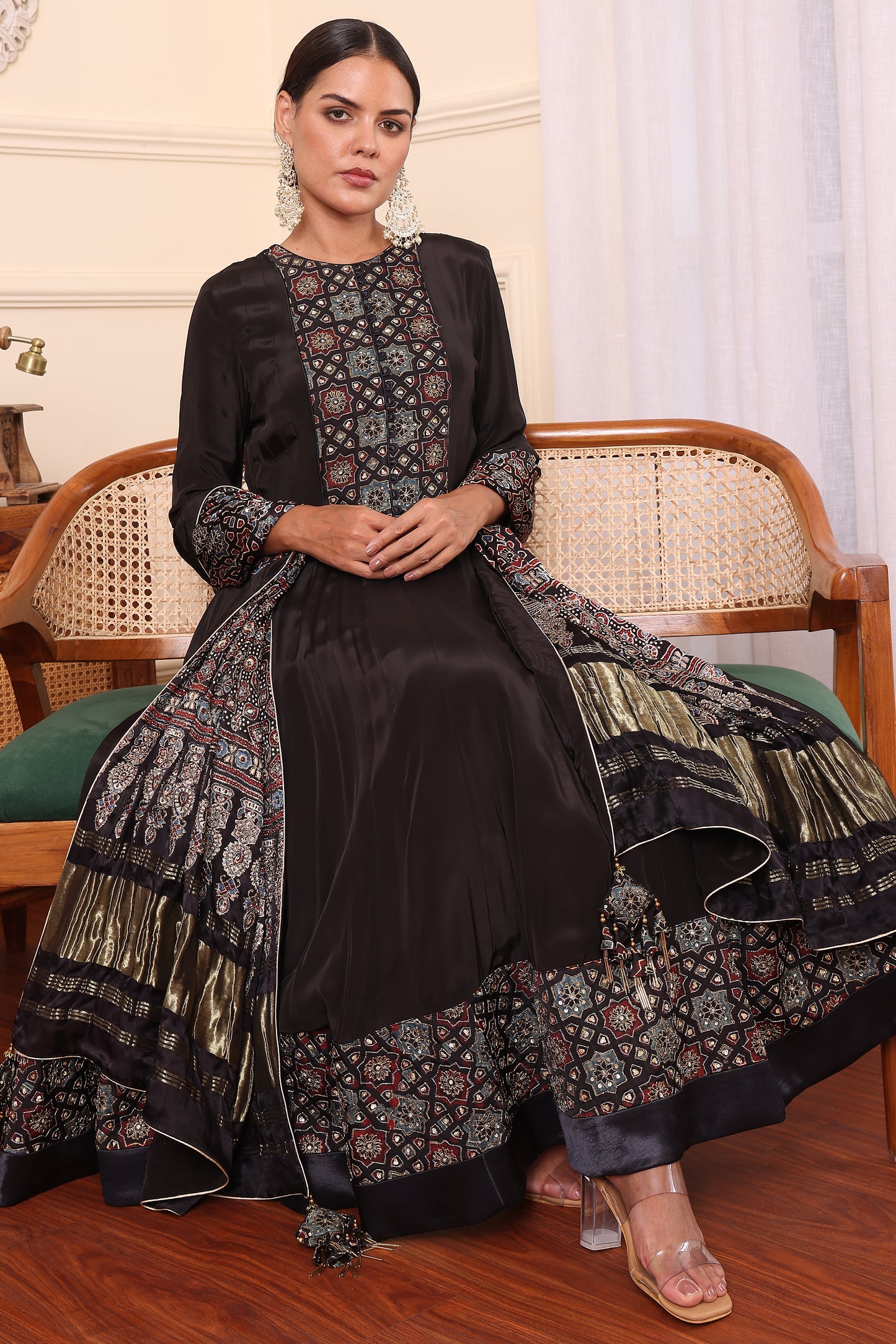 Black Embellished Ajrakh Anarkali With Pant And Dupatta