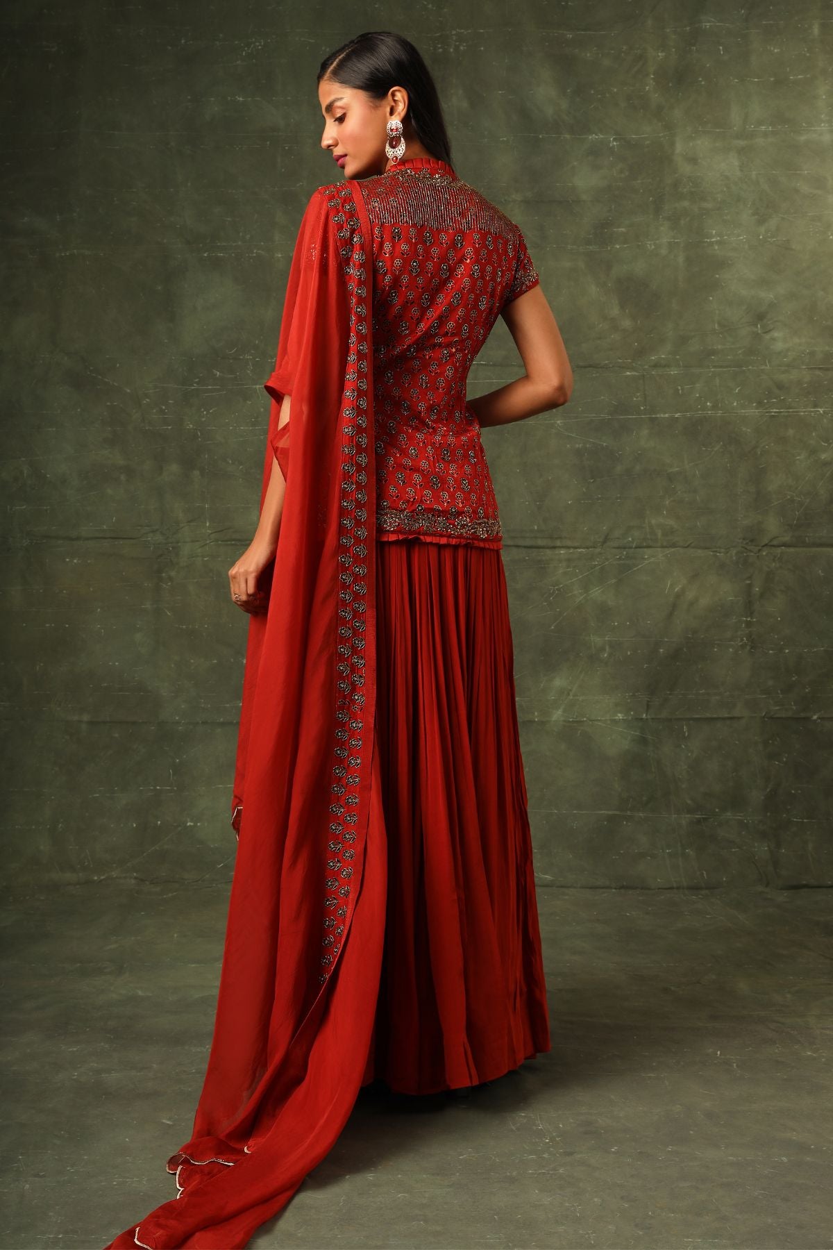 Red Ajrakh jacket with gathered skirt and cape dupatta