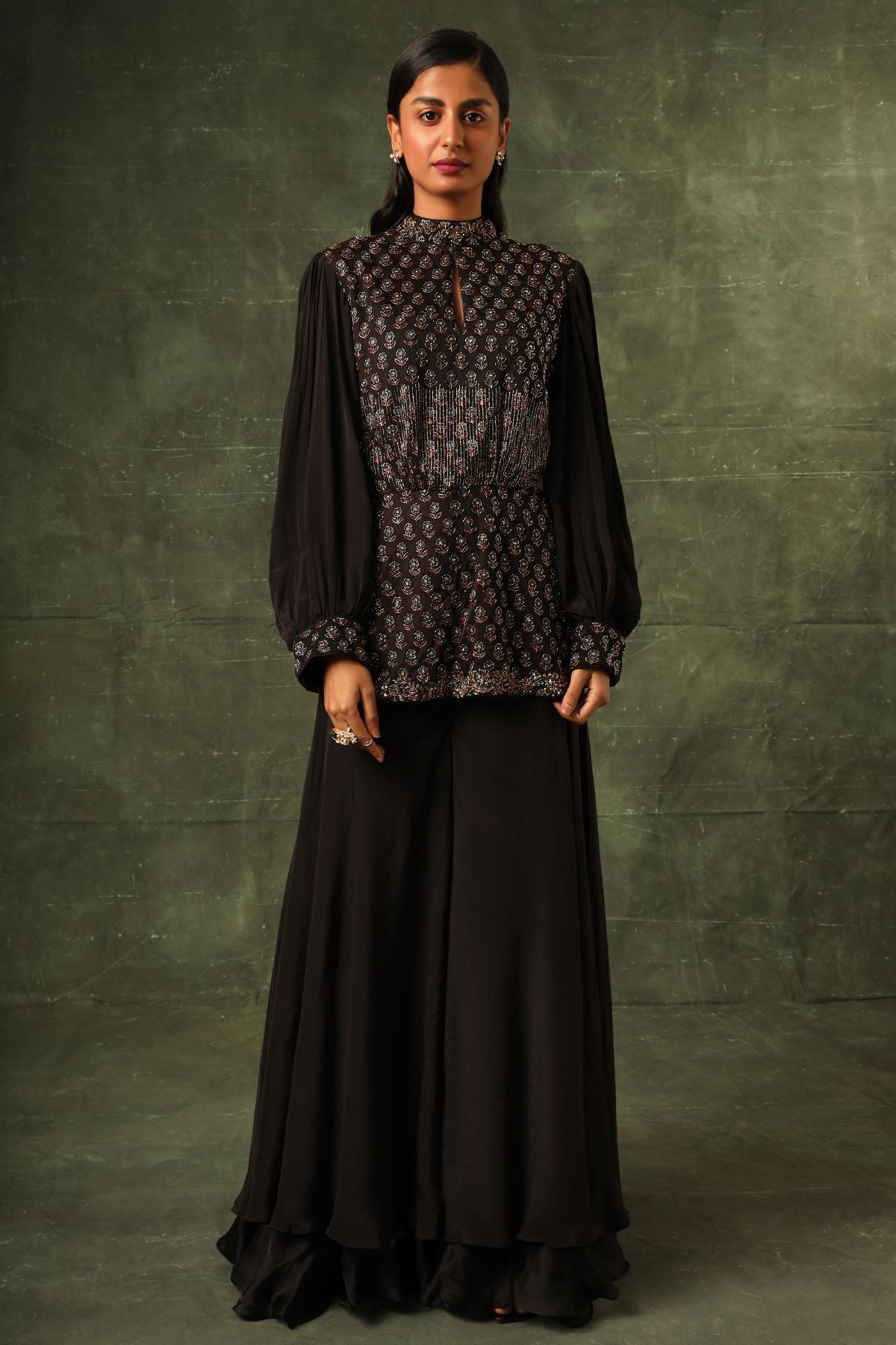 Black Ajrakh peplum top with flare pants
