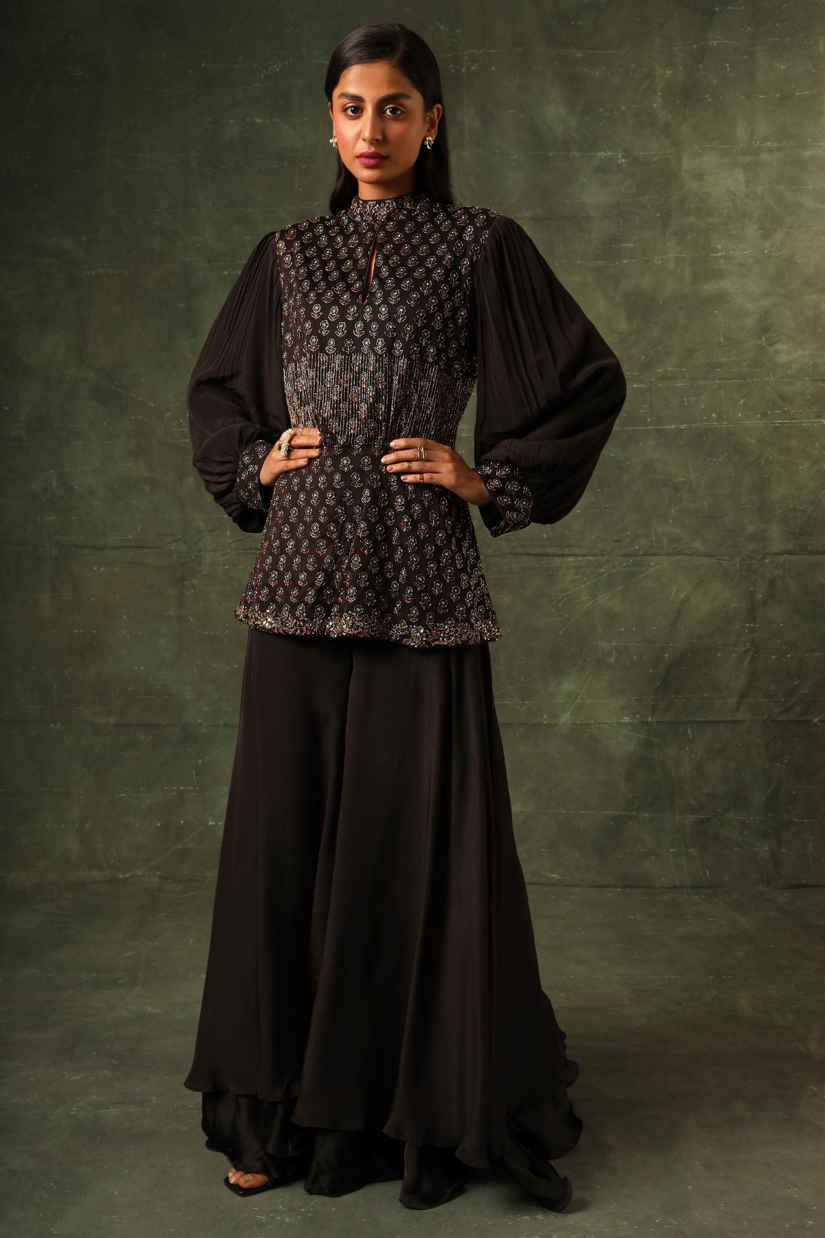 Black Ajrakh peplum top with flare pants