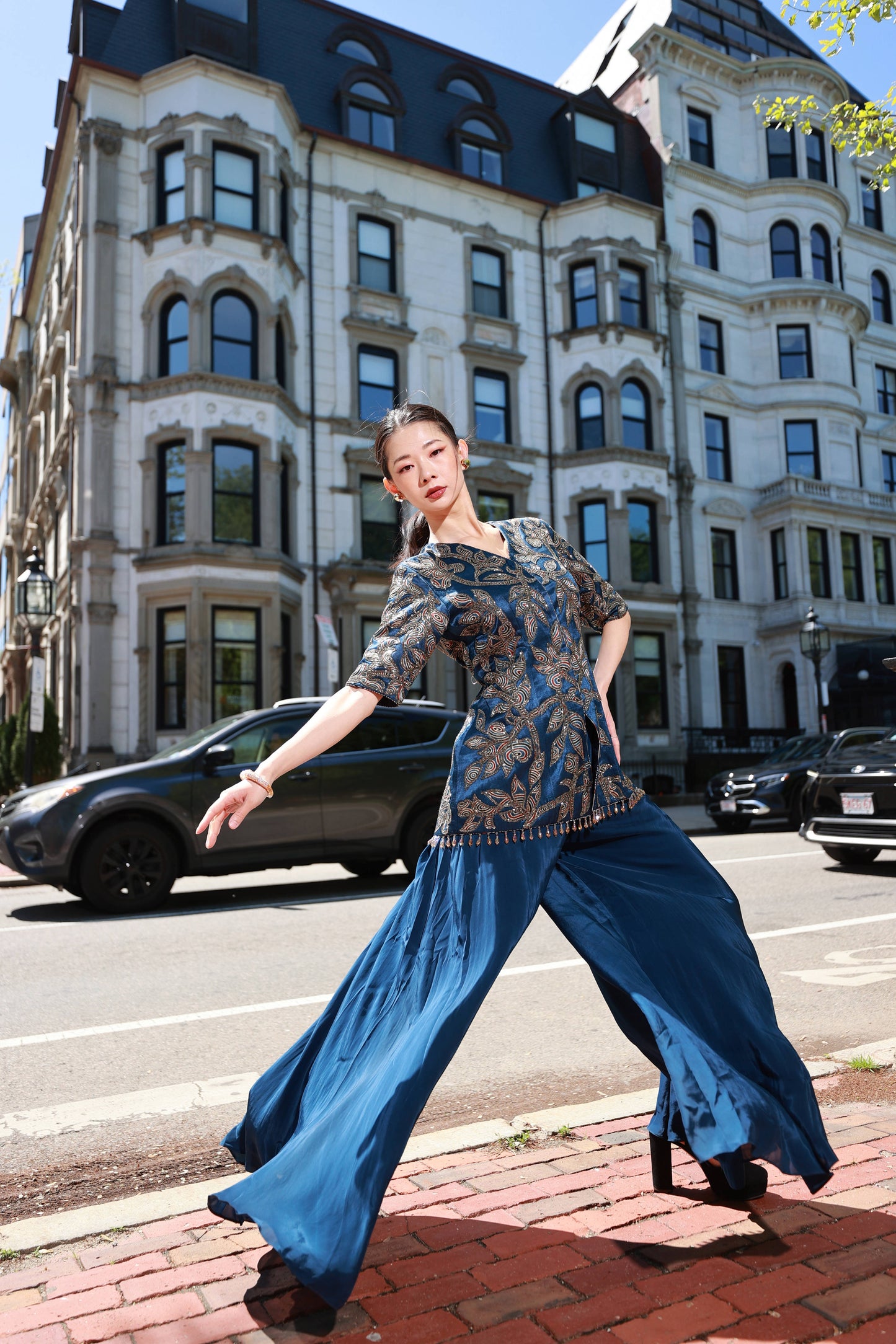 Blue ajrakh embroidered jacket set