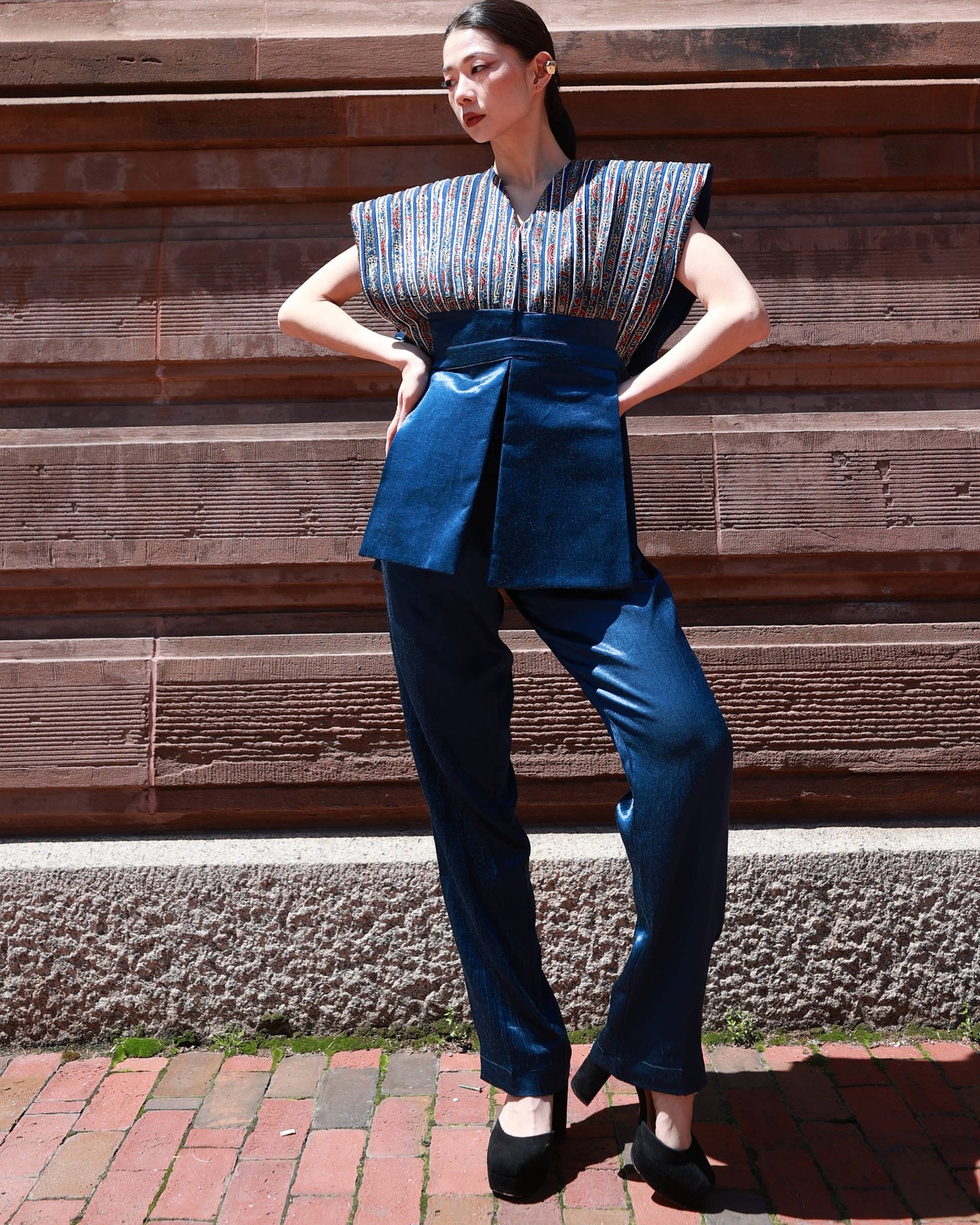Cobalt blue jacket with straight pants