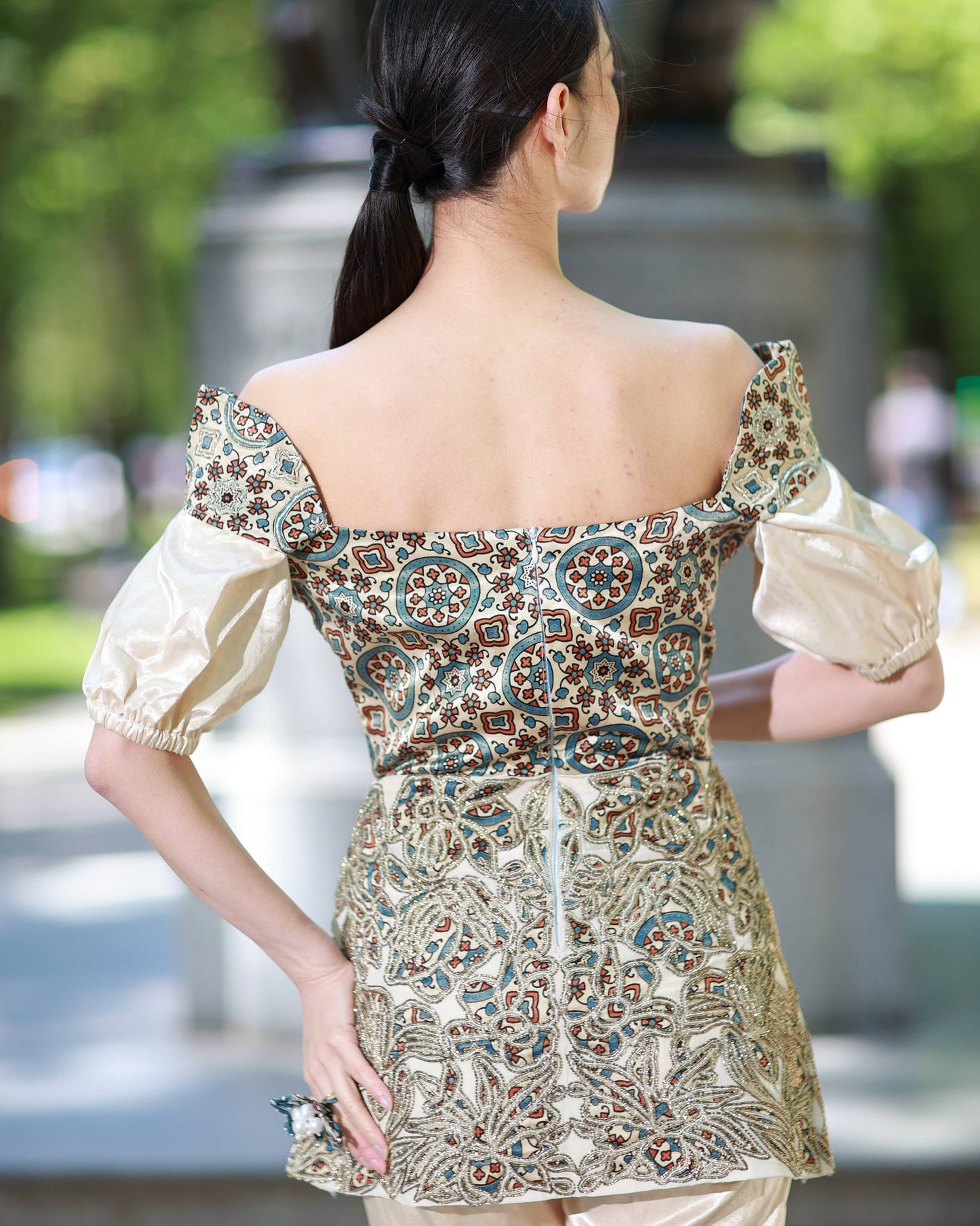 Ivory ajrakh print paplum top with pants