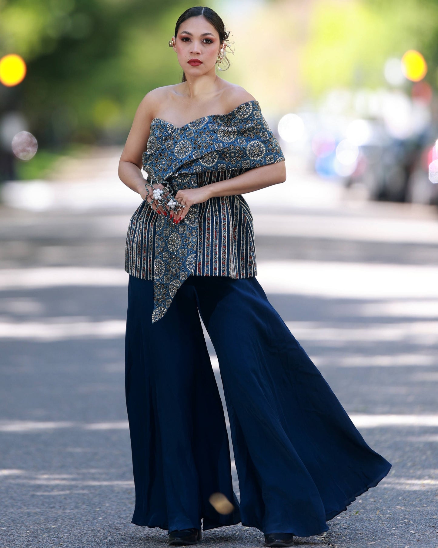 Cobalt blue ajrakh off shoulder paplum top with flare pants