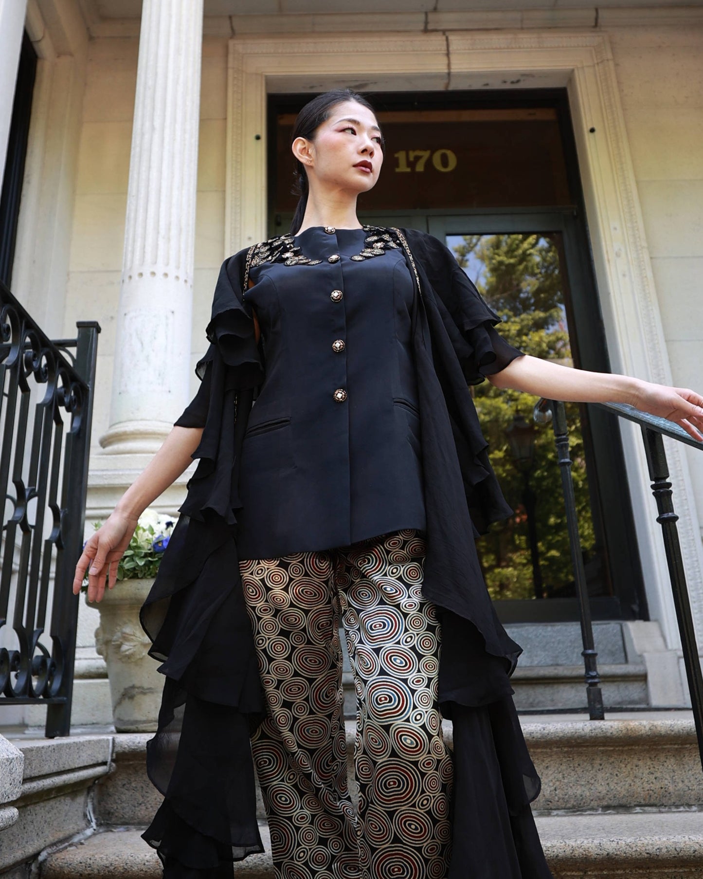 Black crape jacket with organza dupatta and ajrakh pants