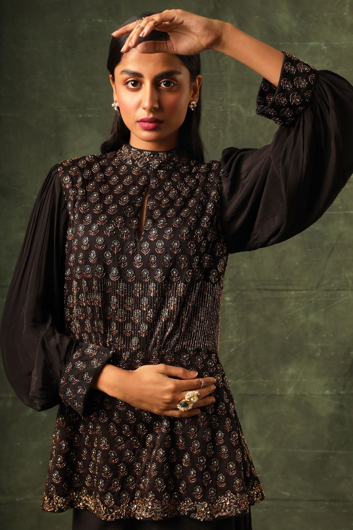 Black Ajrakh peplum top with flare pants