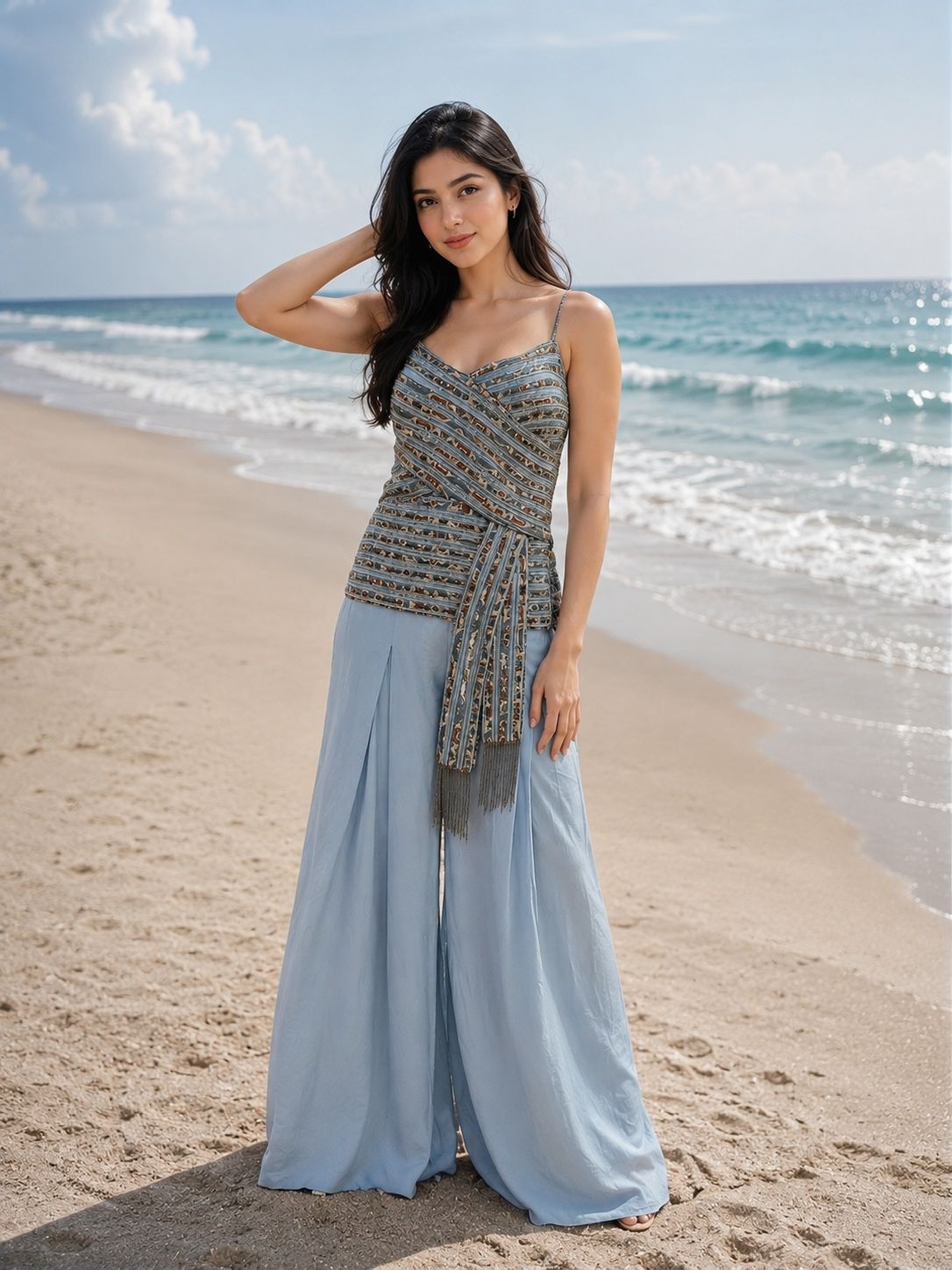 Powder Blue Embellished Wrap Top with Wide-Leg Pants