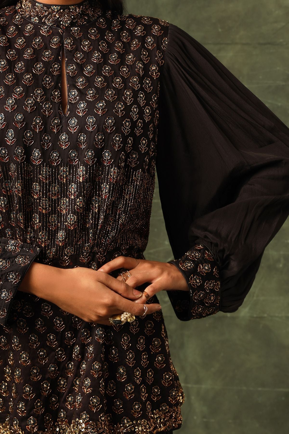 Black Ajrakh peplum top with flare pants