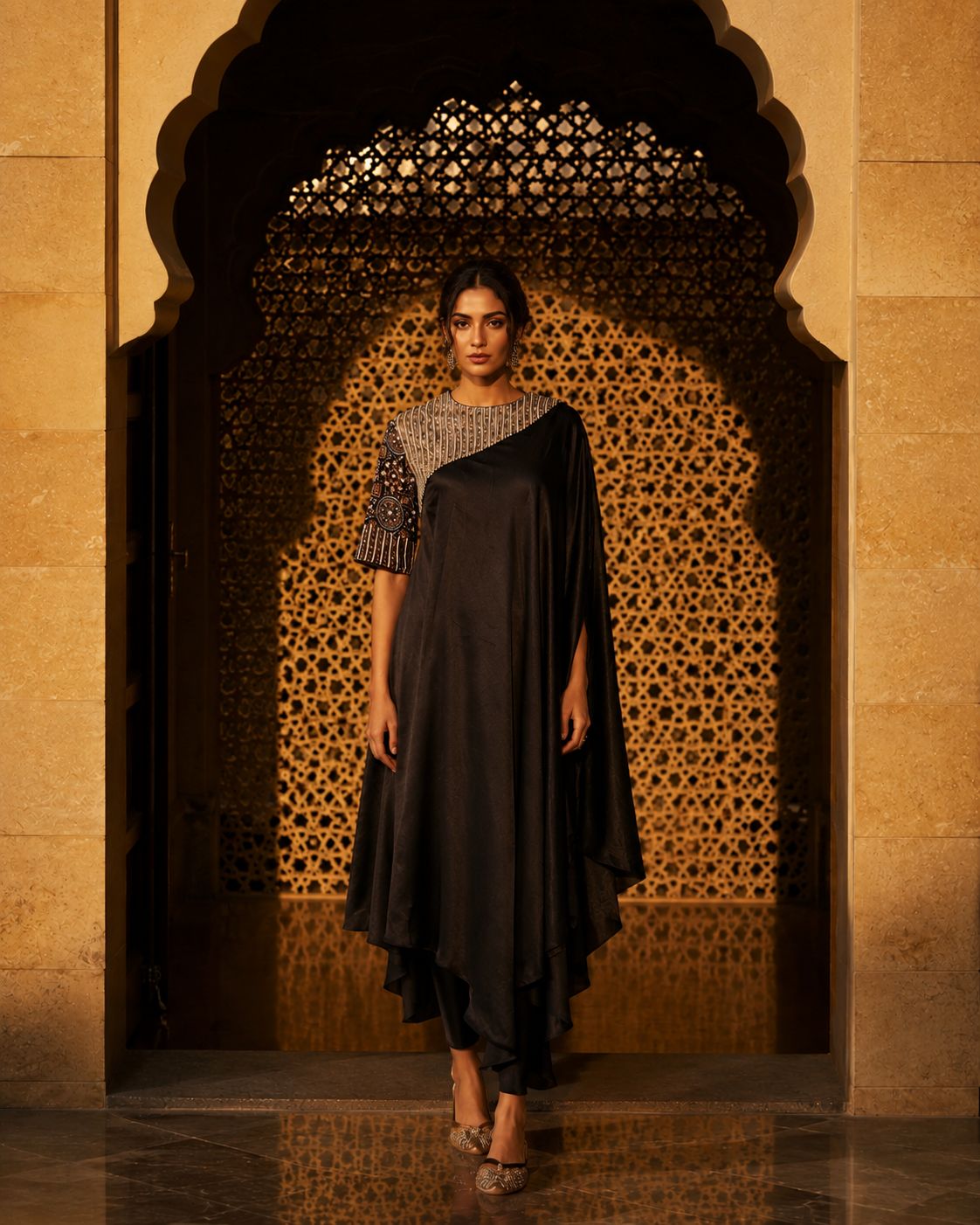 Midnight Noir Embellished Asymmetric Kaftan Co-Ord Set