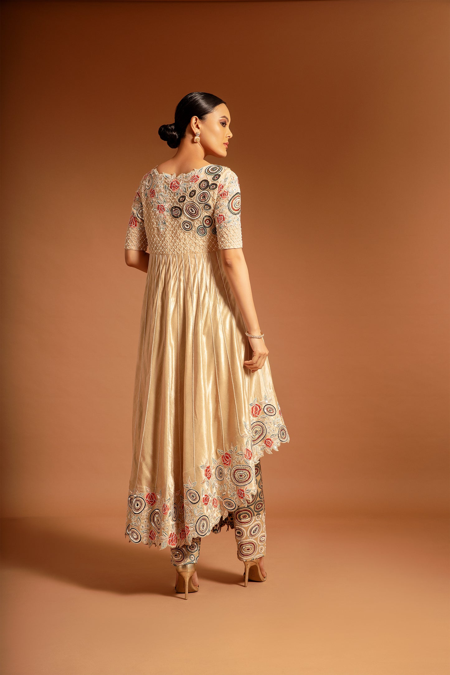 Beige Ajrak Embellished Anarkali With Pant