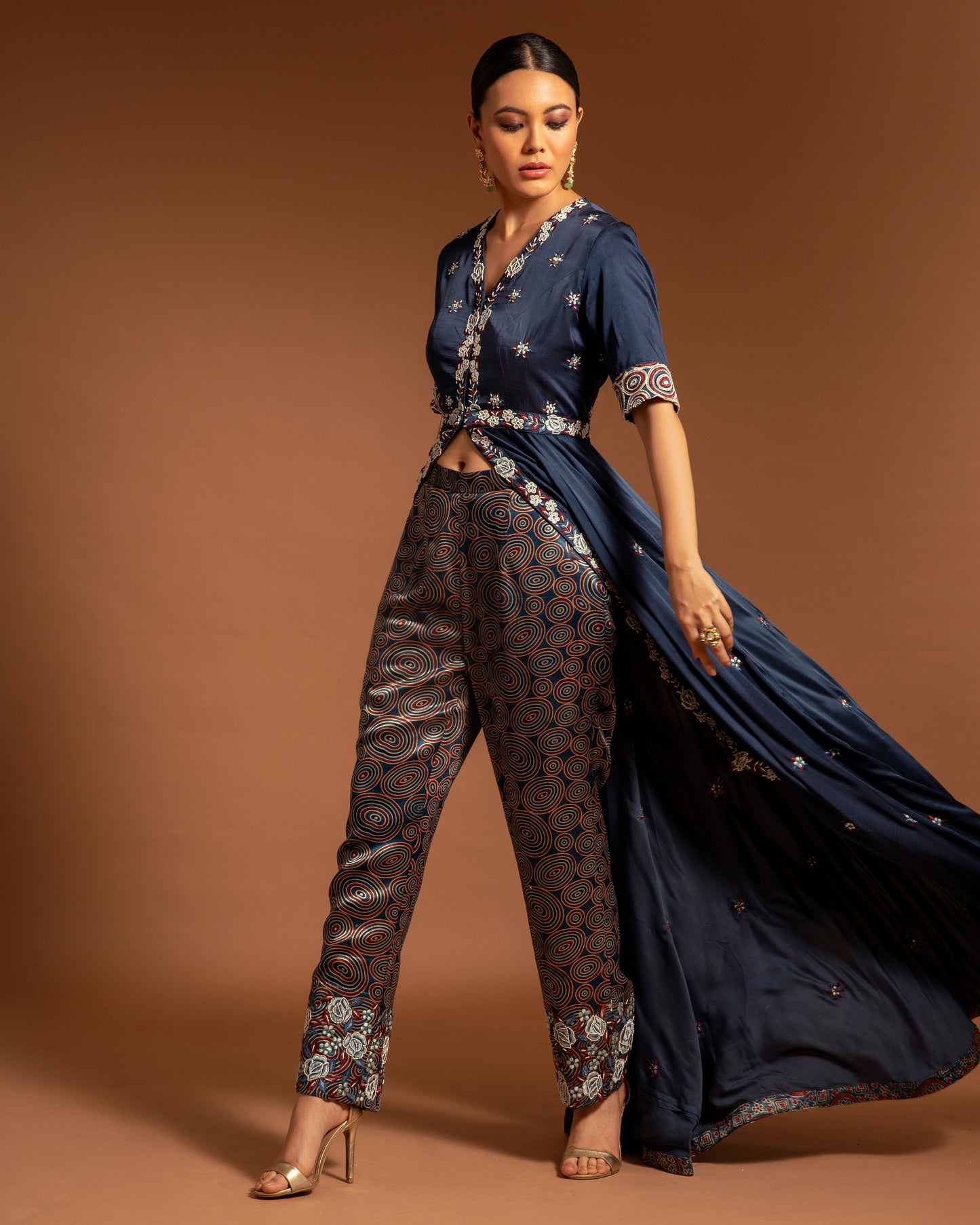 Blue Embroidered Tunic with Ajrakh pants