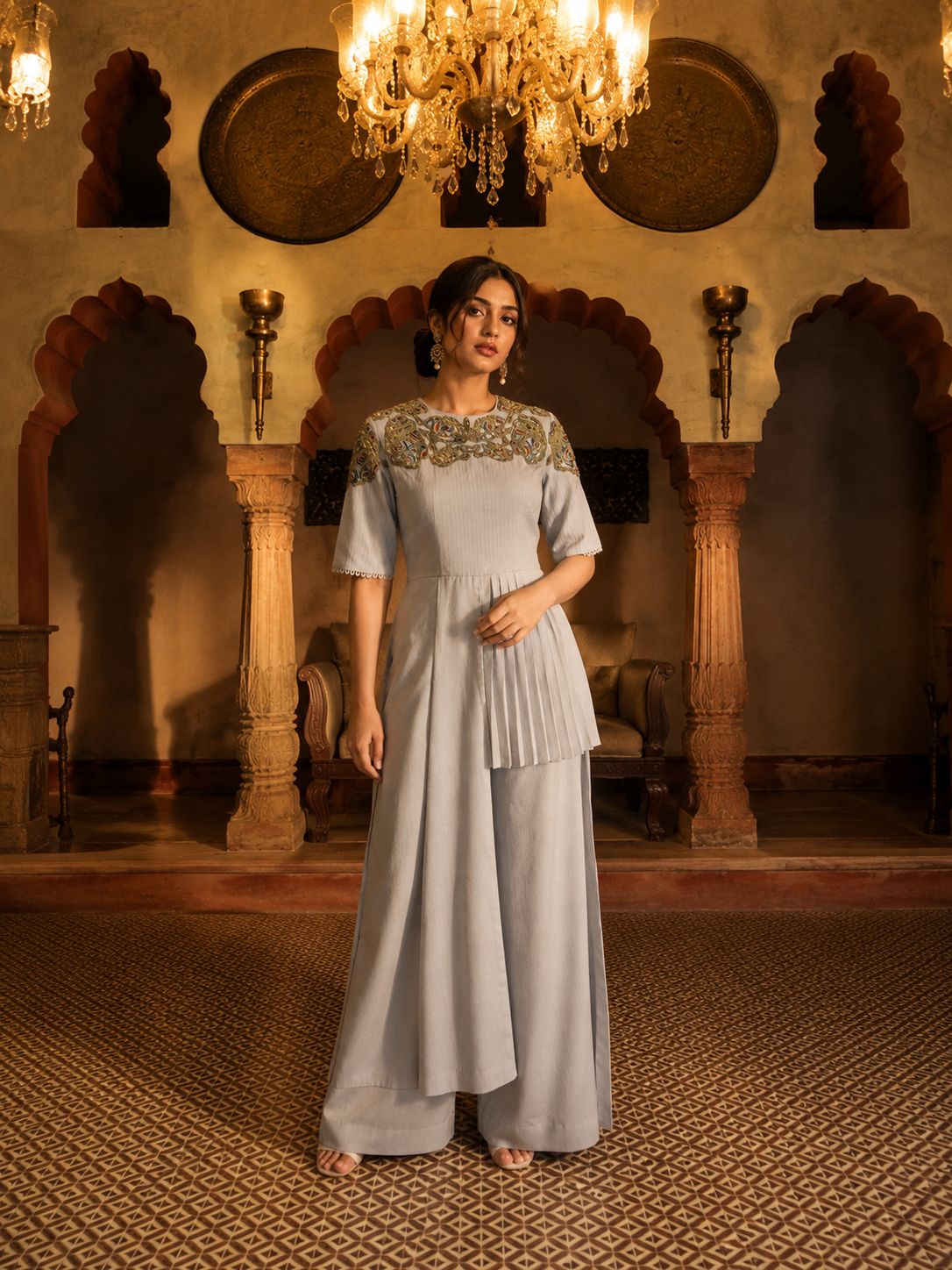 Celeste Blue Embroidered Pleated Co-Ord Set