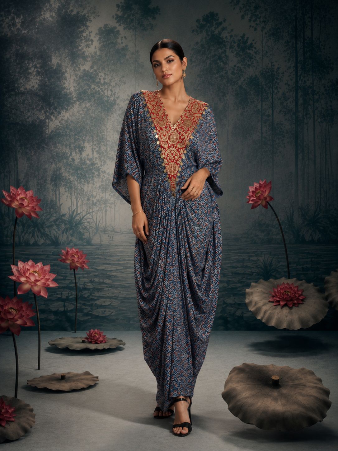 Blue Printed Draped Kaftan Co-ord Set with Embellished V-Neck