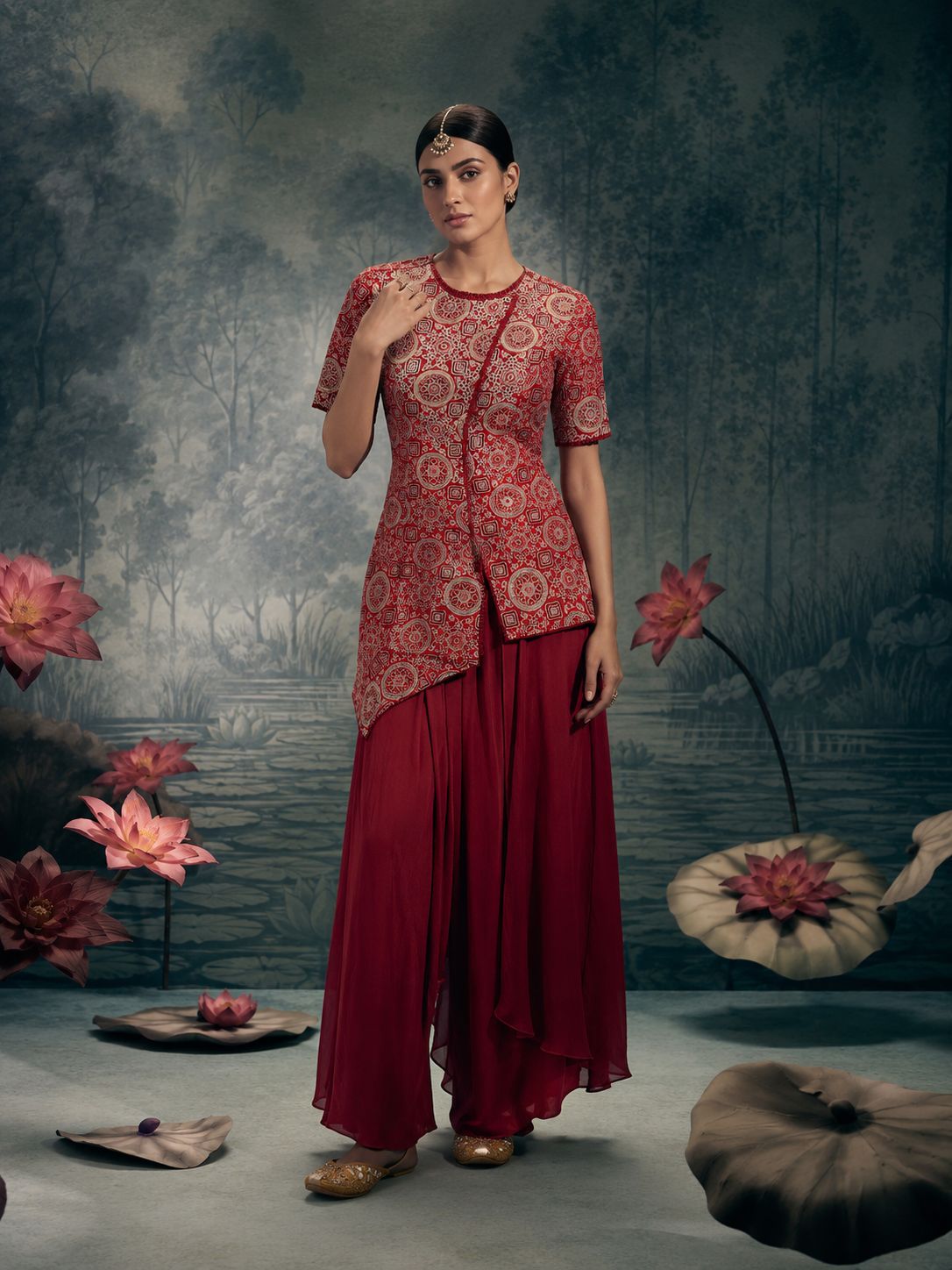 Maroon Printed Asymmetric Kurta with Draped Palazzo Set