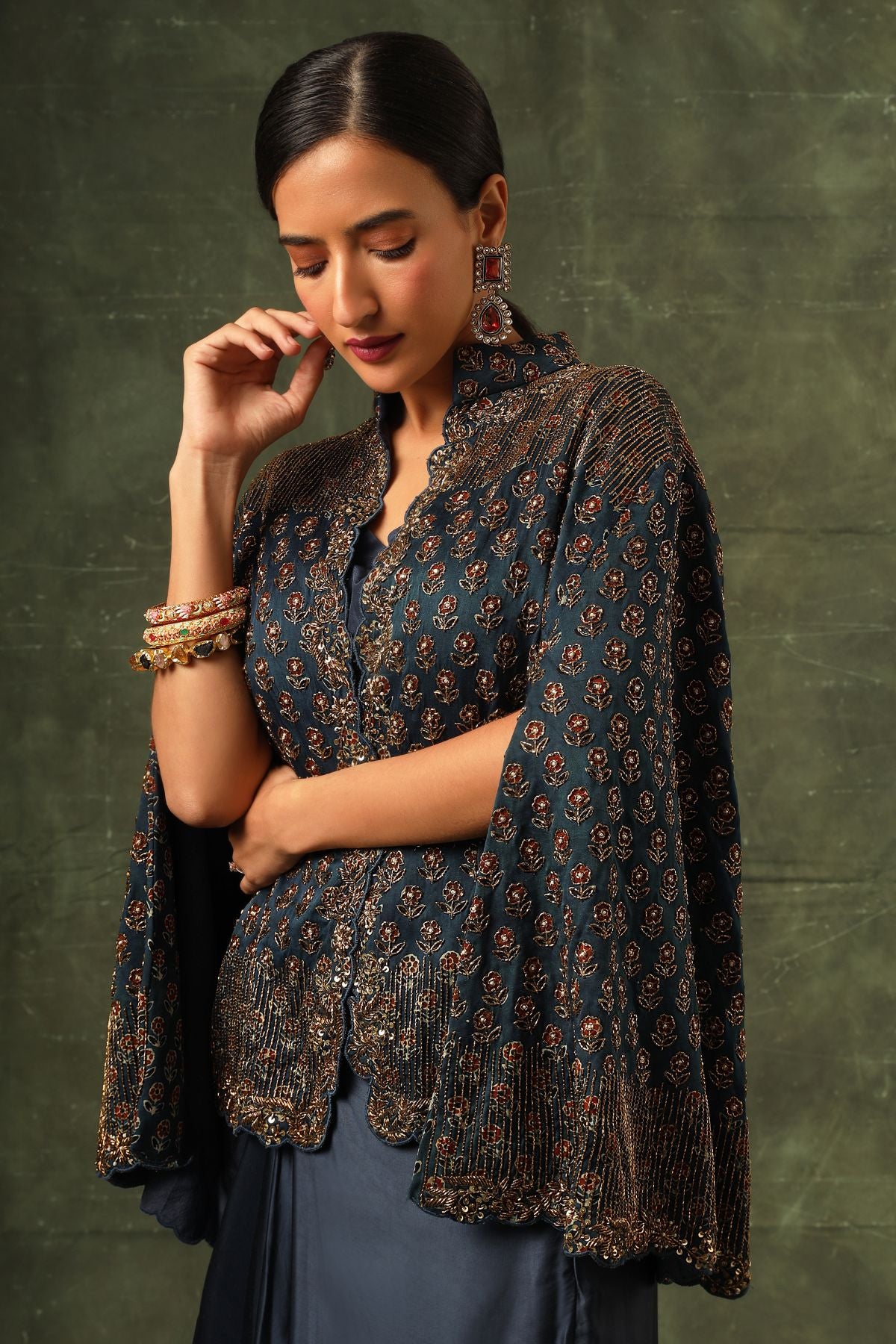 Blue ajrakh cape jacket with blouse and drape dhoti