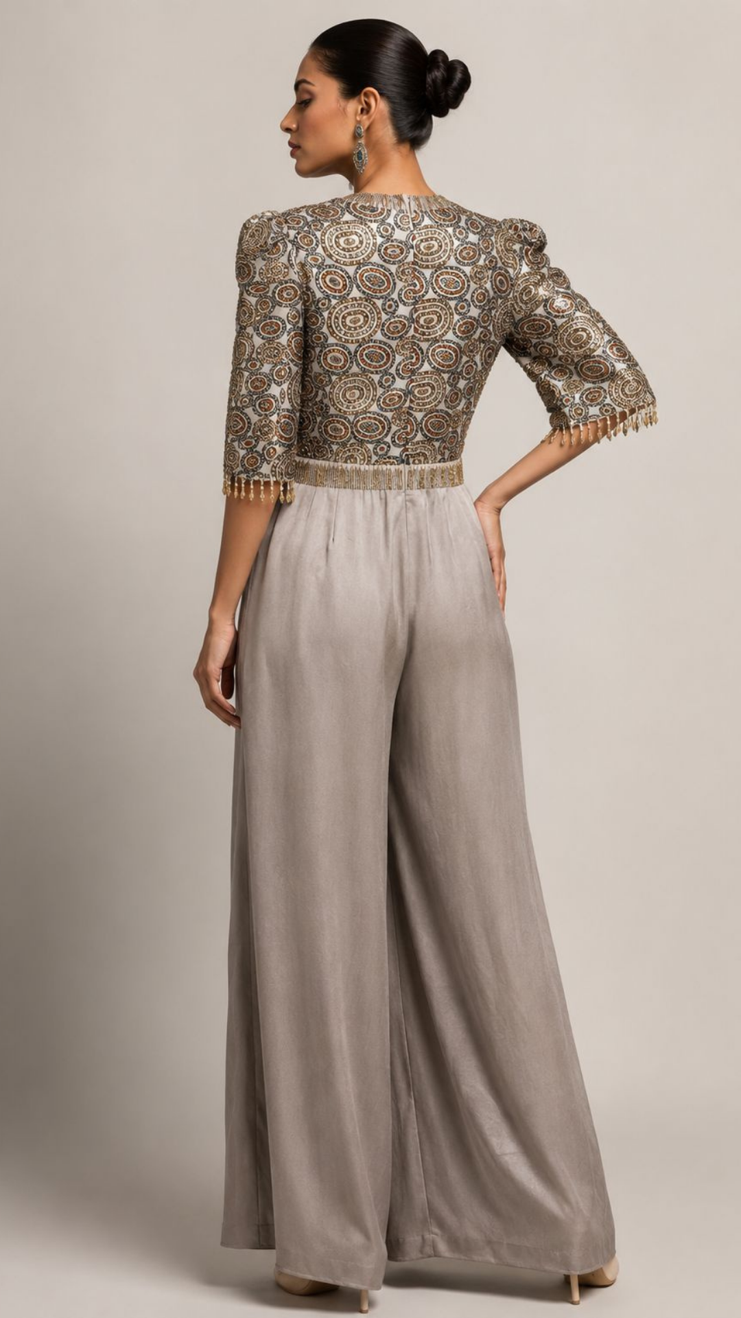 Grey Printed Bodice Pleated Palazzo Jumpsuit