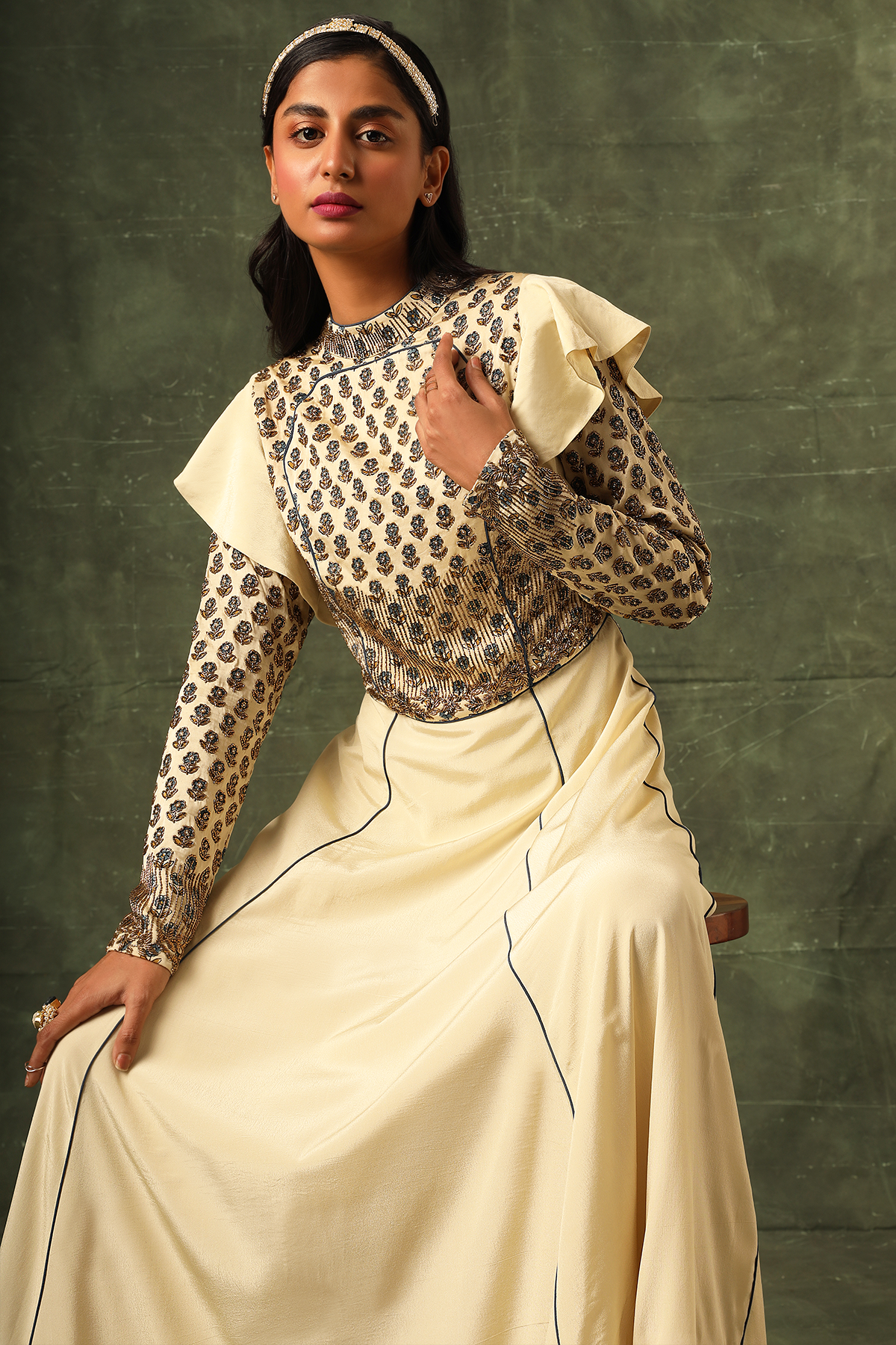 Ivory ajrakh A line gown