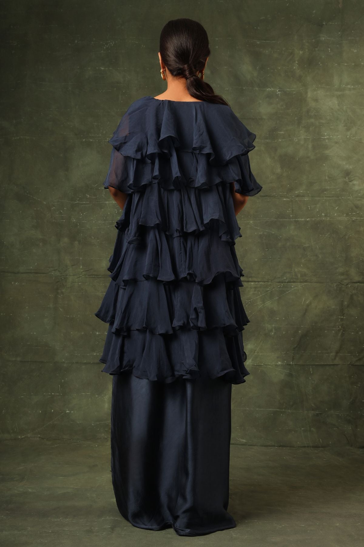 Blue Ajrakh blouse and layered jacket with embroiderd waisrband and drape dhoti