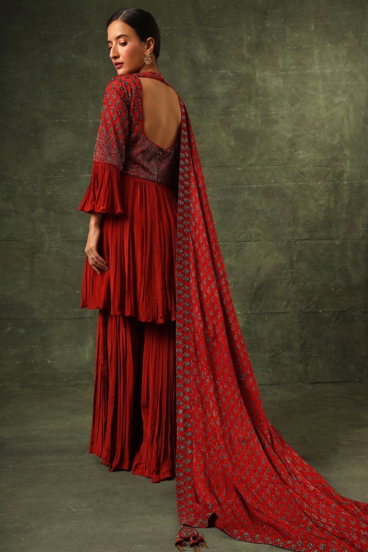 Red ajrakh gathered kurta and sharara with ajrakh dupatta