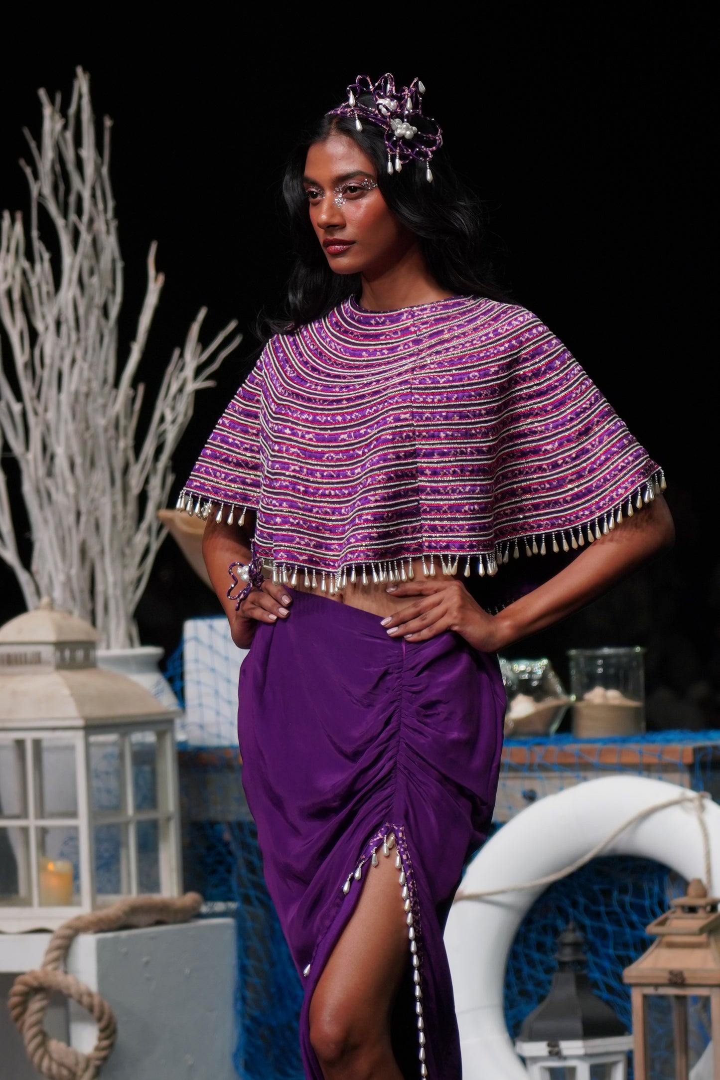 Dark purple Ajrakh stripwork capelet with purple bralette and drape skirt