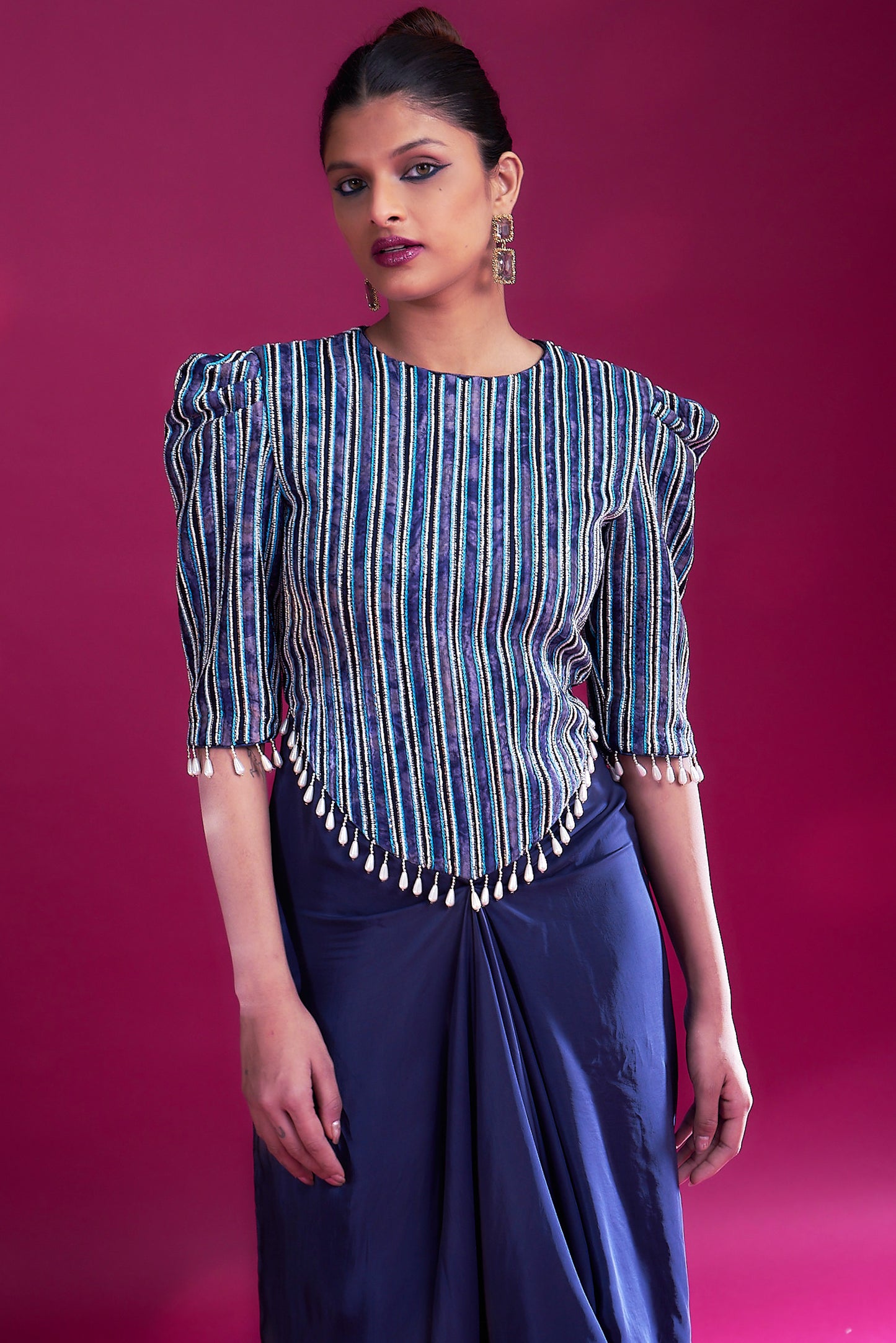 Deep blue embellished ajrakh drape dress