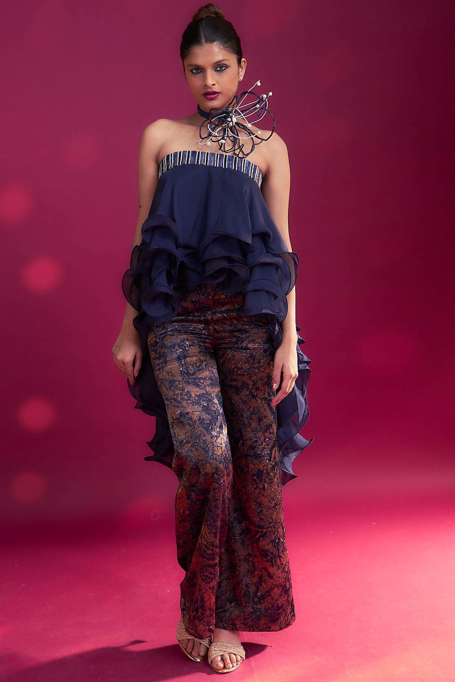 Deep blue embroidered ruffled top with ajrakh pants