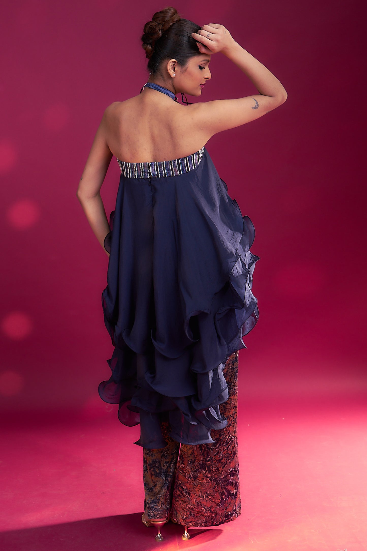 Deep blue embroidered ruffled top with ajrakh pants