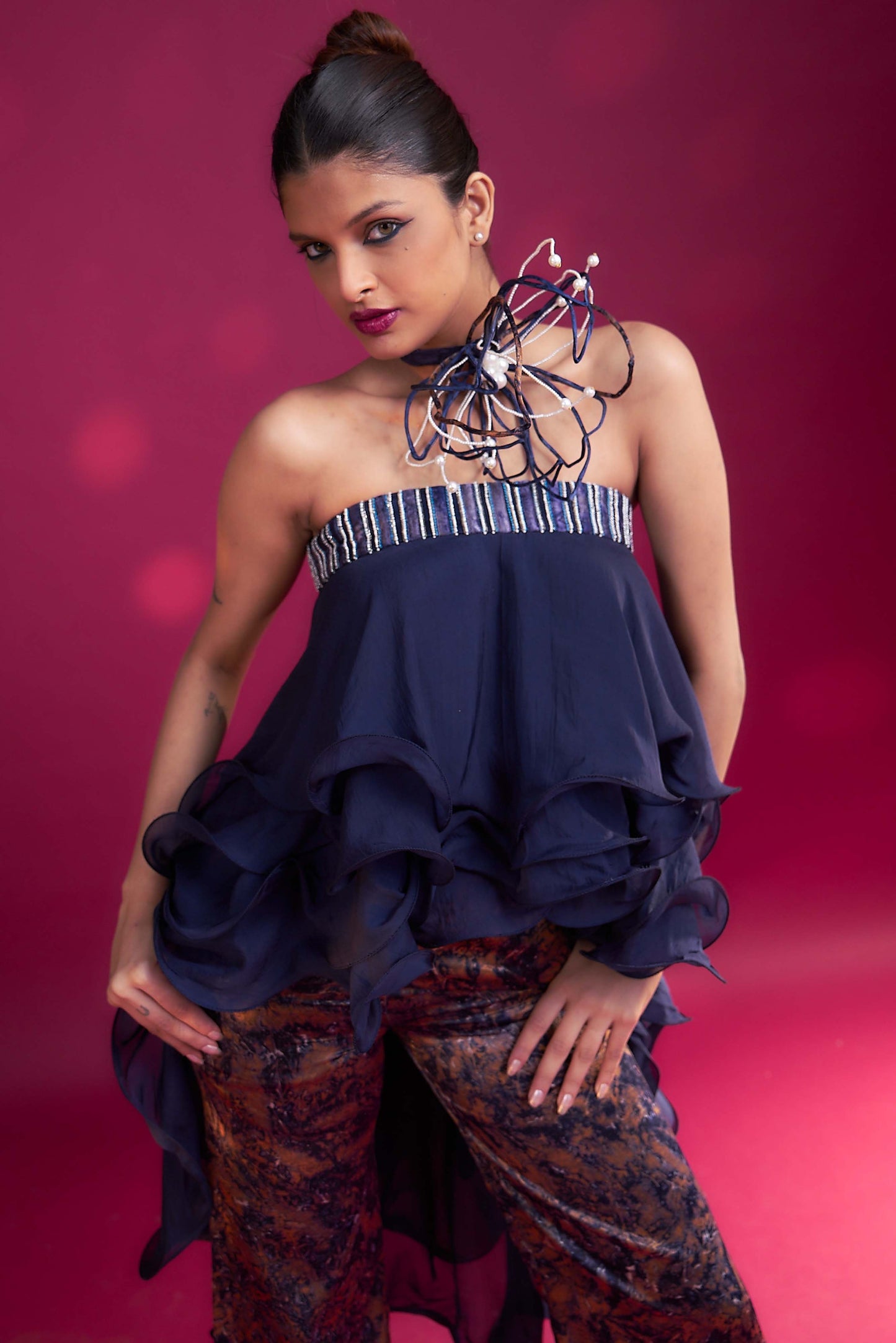 Deep blue embroidered ruffled top with ajrakh pants