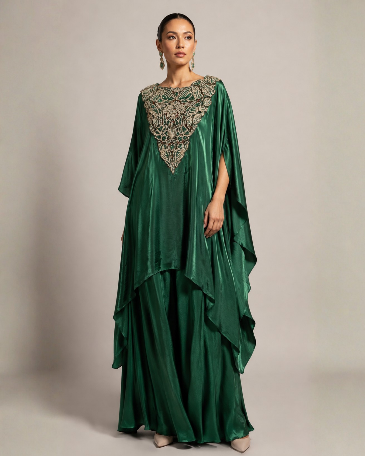 Emerald Green Embroidered Kaftan Co-ord Set