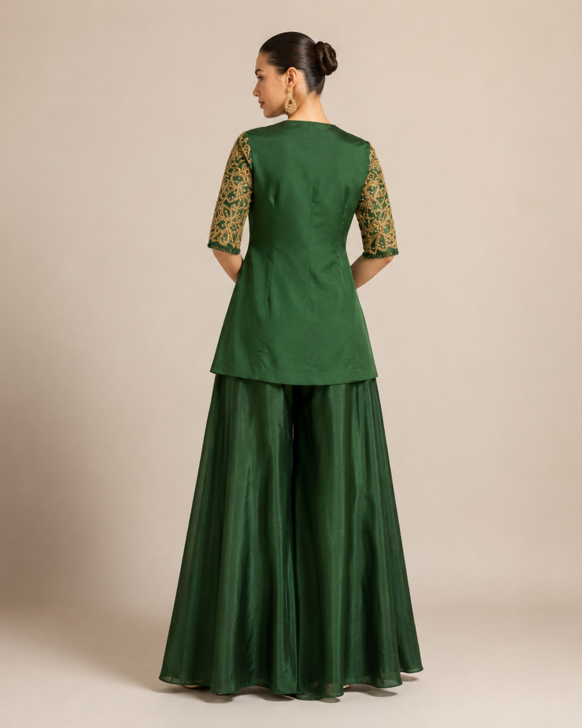 Emerald Green Embroidered Peplum Top with Layered Palazzo Set