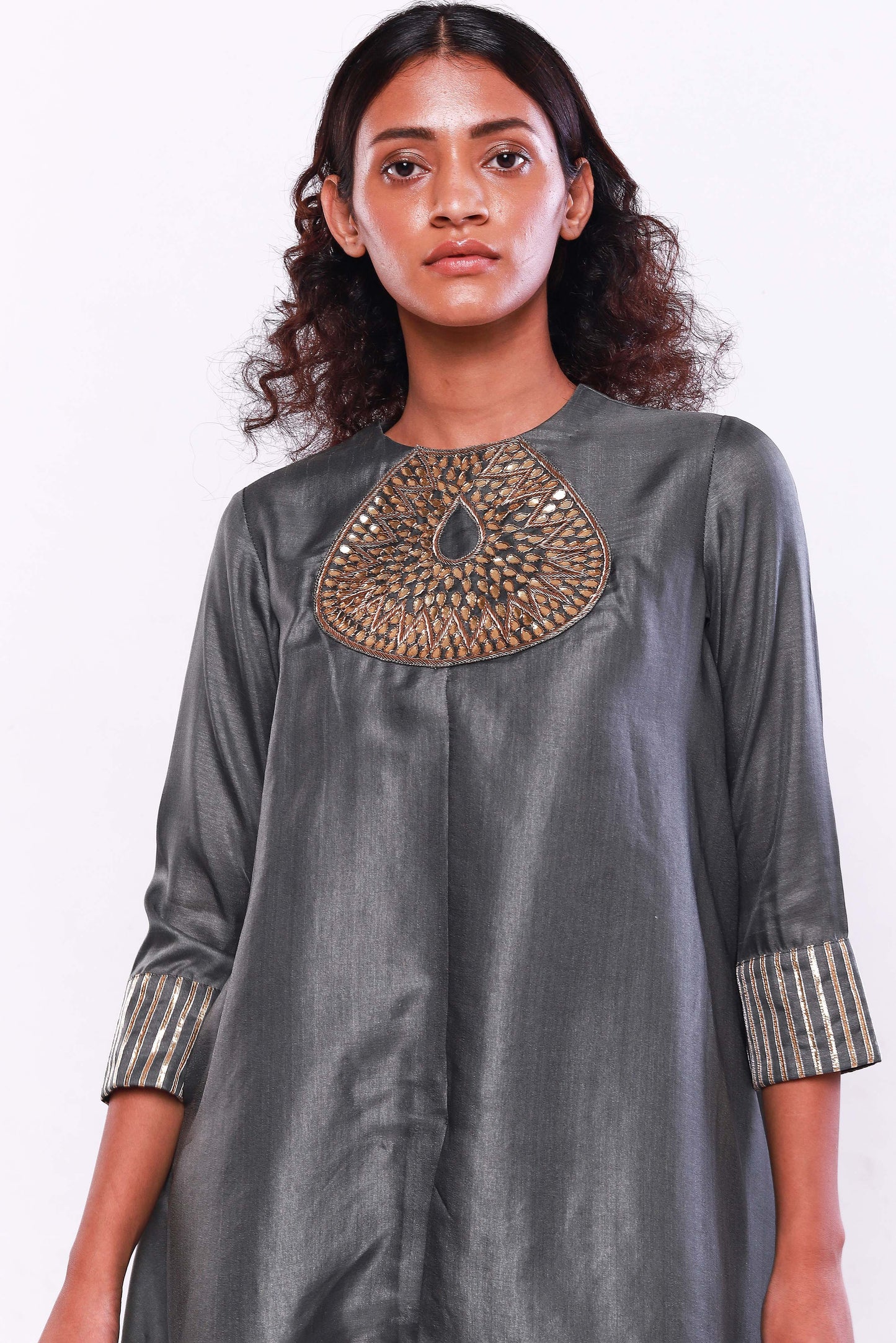 Dark grey asymmetric kurta and dhoti pants set