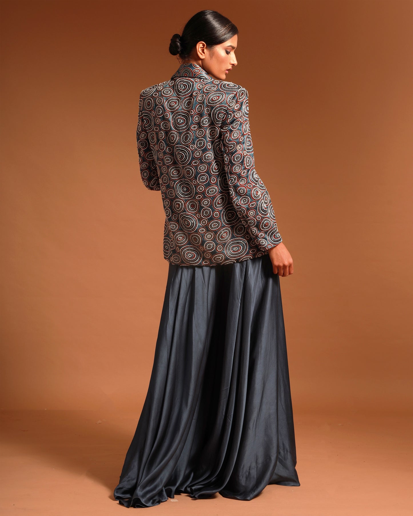 Blue Ajrak jacket with blouse And Fluid Pant Set