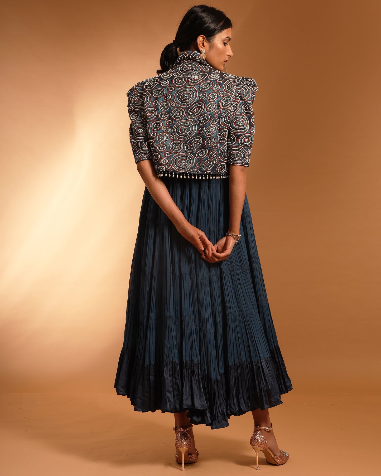 Cobalt Blue tiered Dress with Ajrakh jacket.