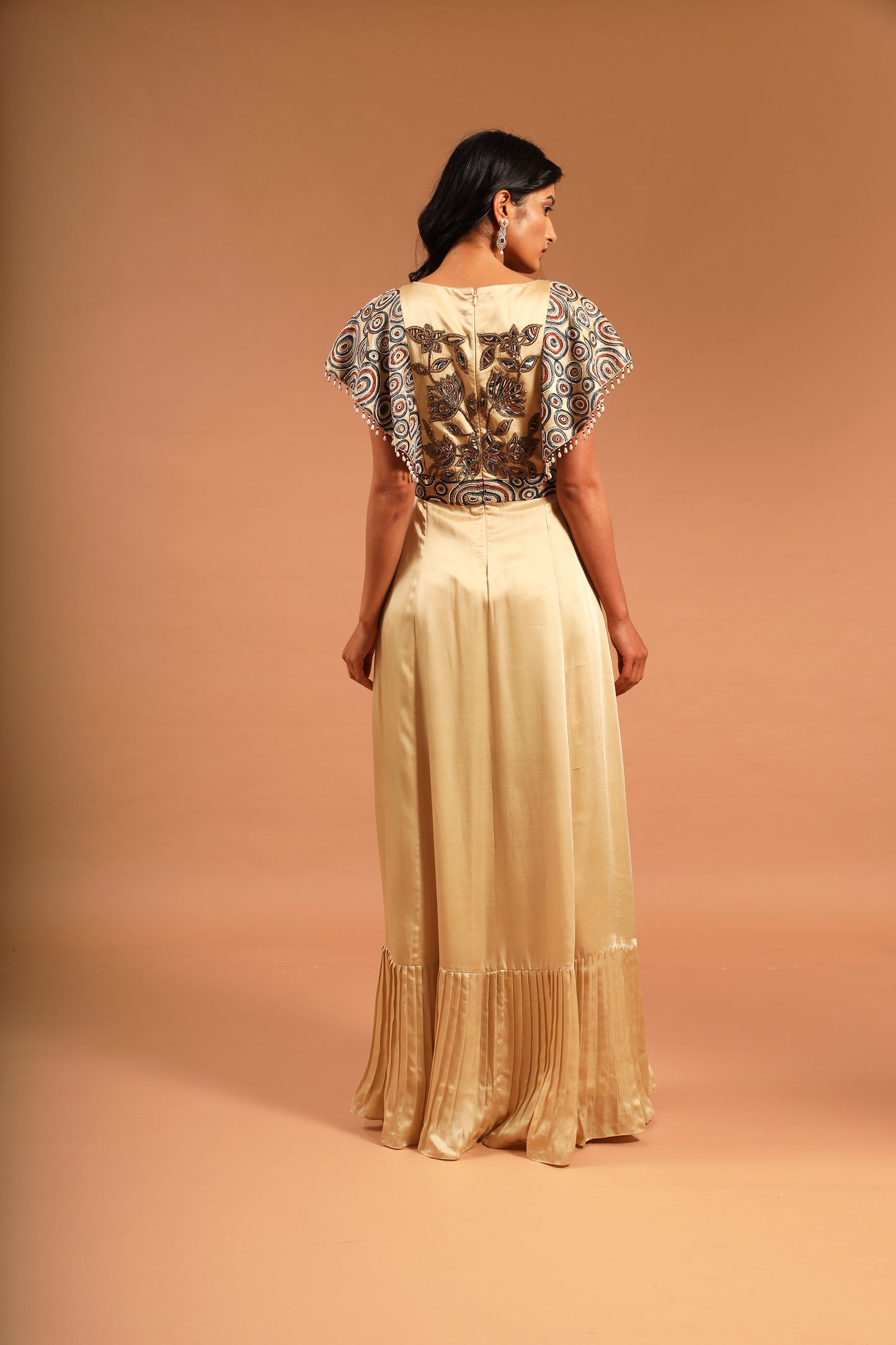 Beige Floral Bodice Embroidered Gown