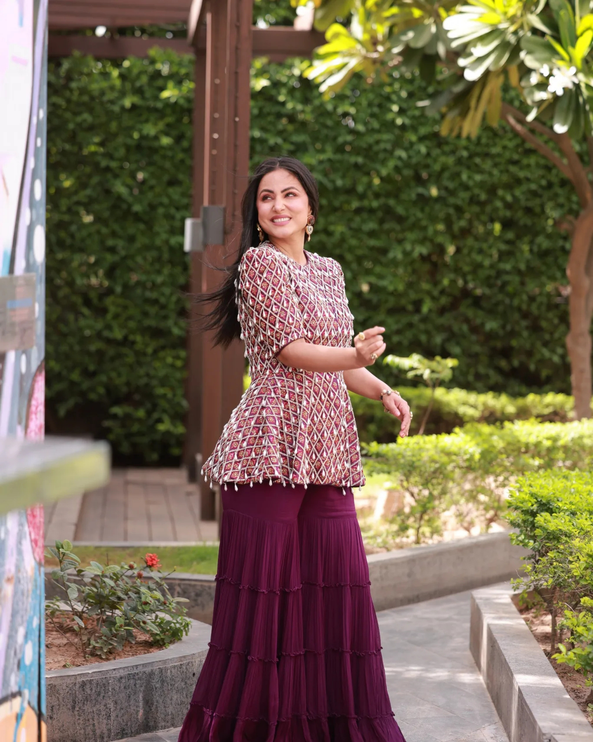 Hina Khan in Purple Ajrakh Peplum Top with Sharara