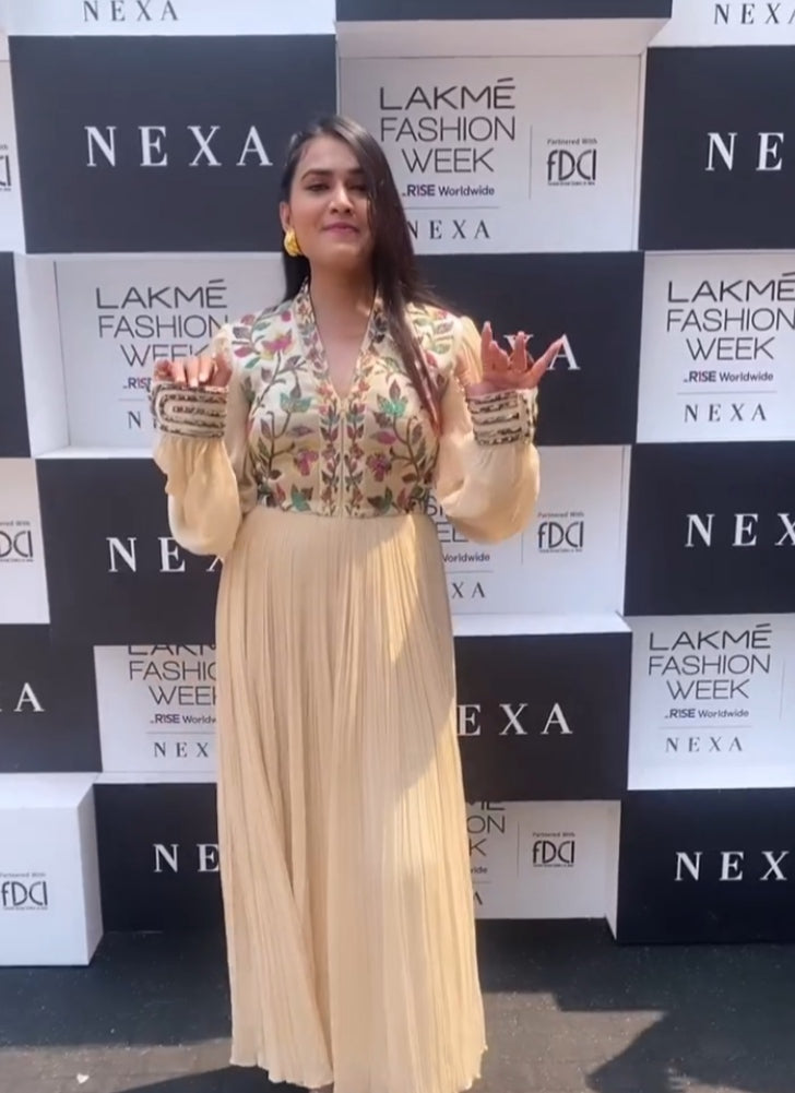 Treasure Muse Nidhi Agarwal in Beige Embroidered Balloon Sleeve Dress