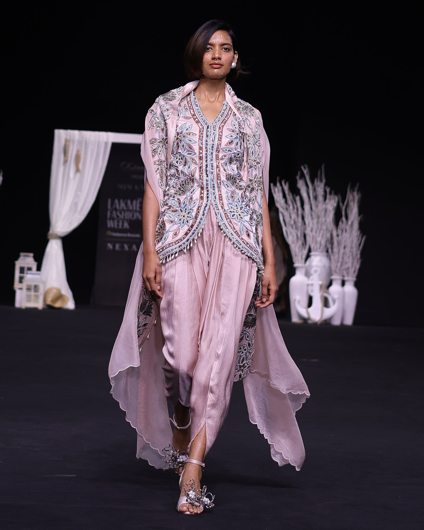 Peachy Pink ajrakh embellished jacket with cape dupatta and dhoti