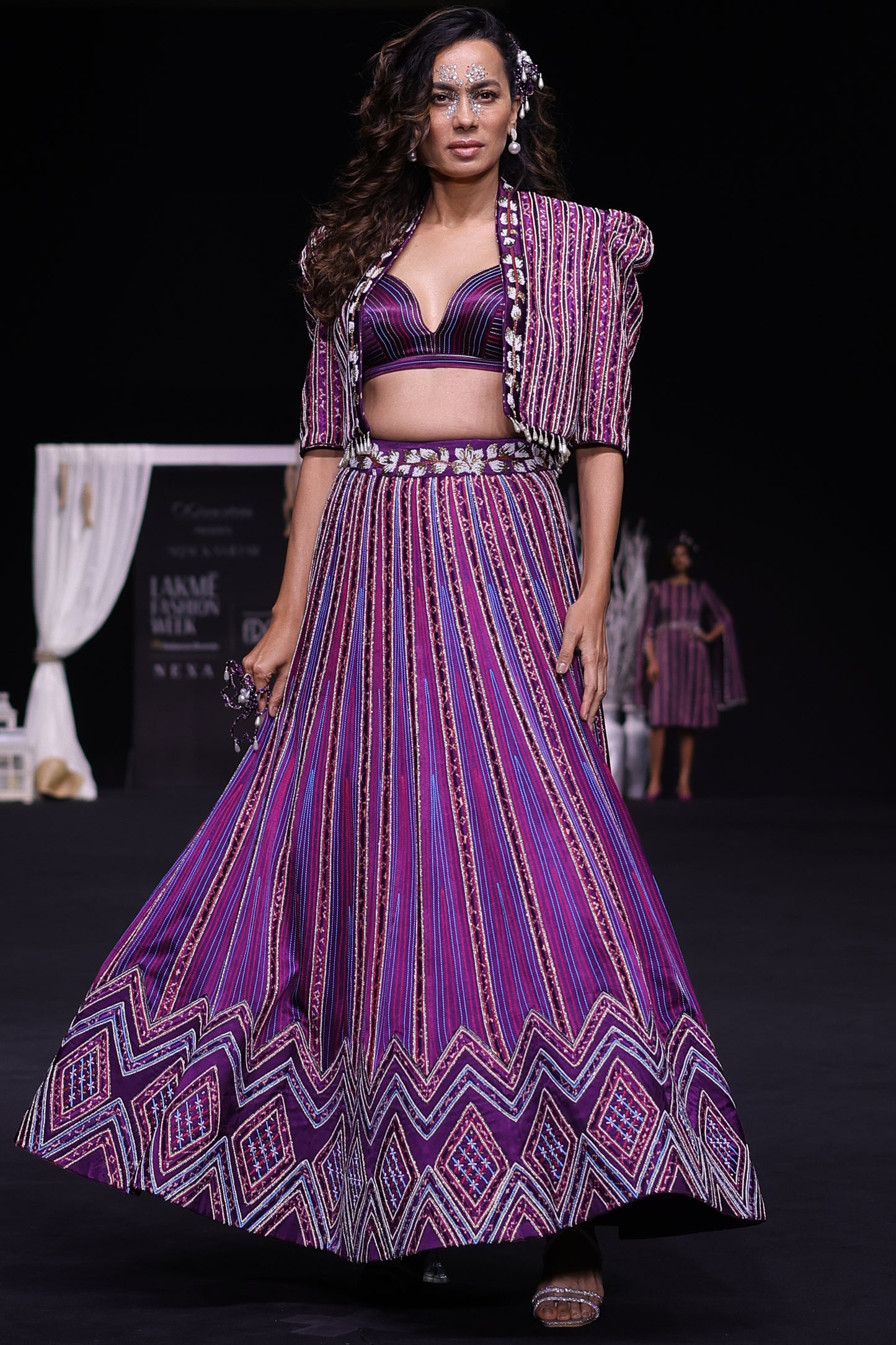 Dark purple Fully embellished Ajrakh lehenga and jacket with bralette