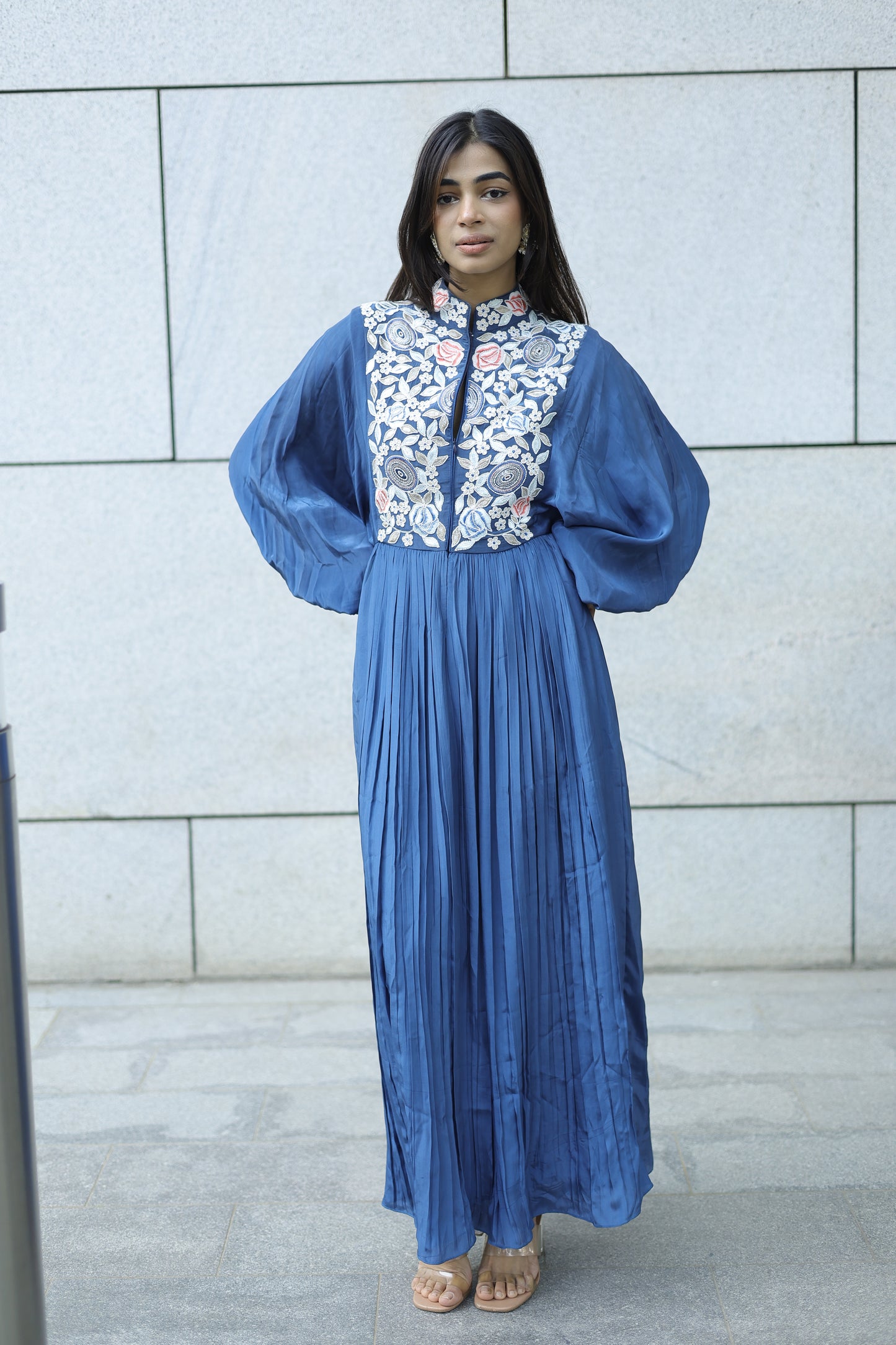 Yashita Chandrashekhar in Blue embroidered butterfly sleeve gathered dress.