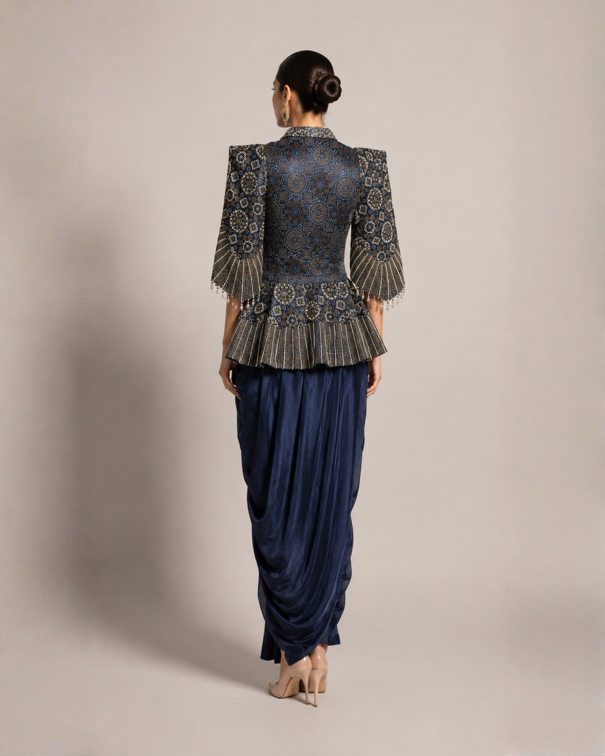 Midnight Blue Draped Dhoti Co-Ord Set with Embroidered Cape Sleeves