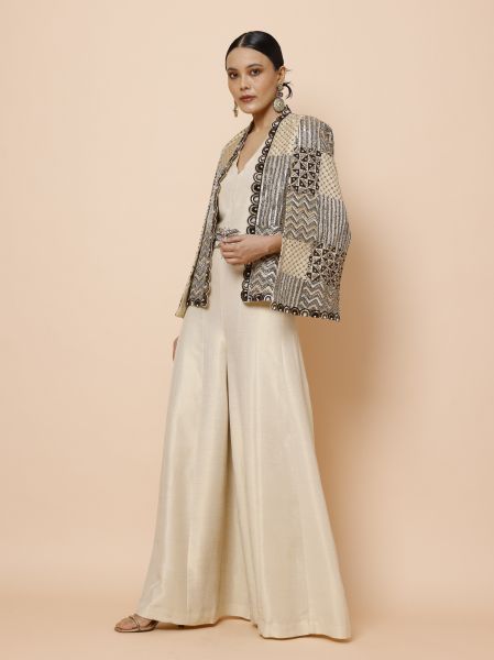 Ivory Jumpsuit with Belt and Cape Jacket