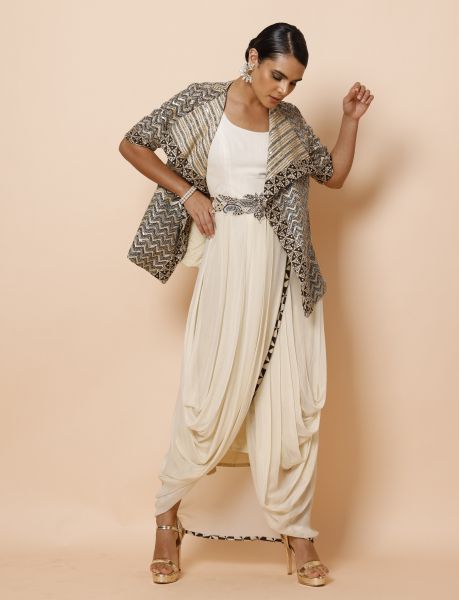 Ivory Cowl Drape One Piece with Ajrakh Jacket and Belt