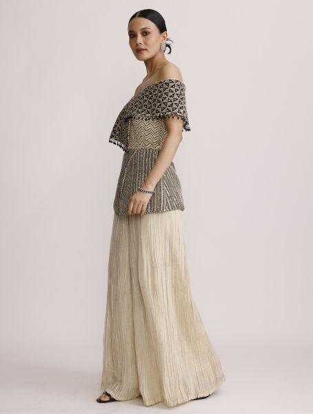Ivory Off Shoulder Peplum Top with Crush Straight Pants