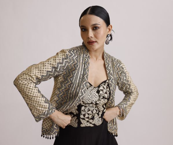 Black Corset Jumpsuit with Ajrakh Jacket