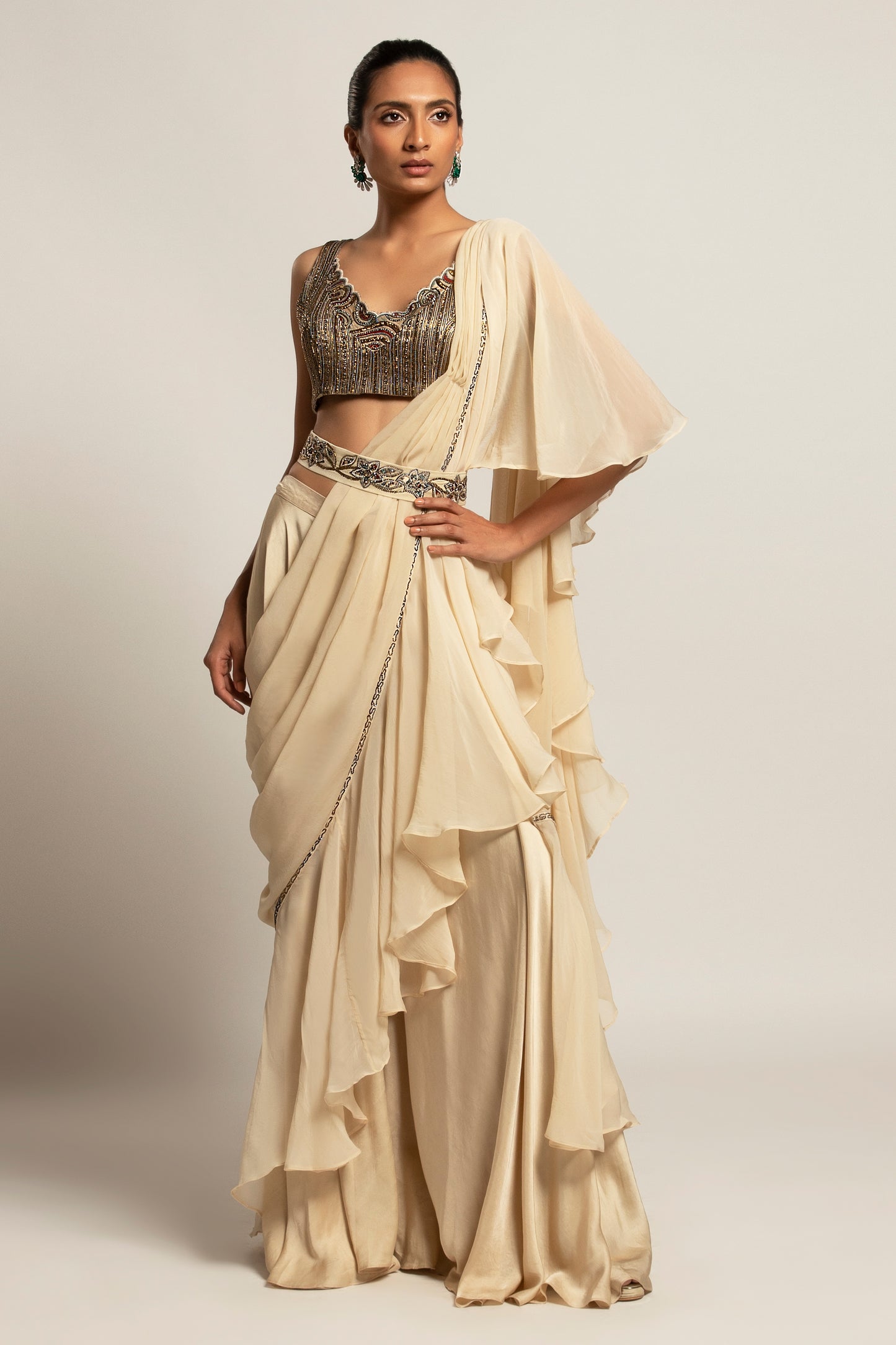 Beige Organza Ruffle Saree with Blouse