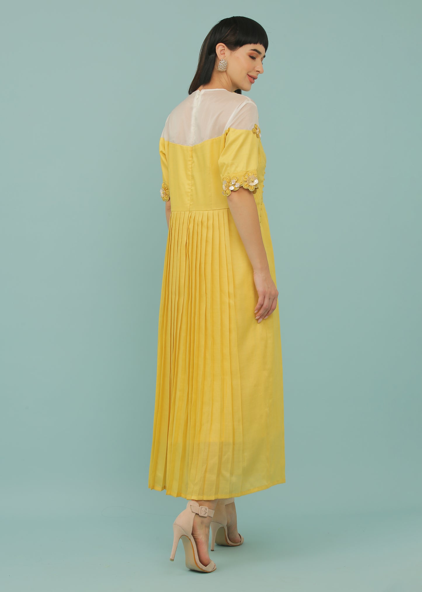 Lemon Yellow A-Line Organza Yoke Dress