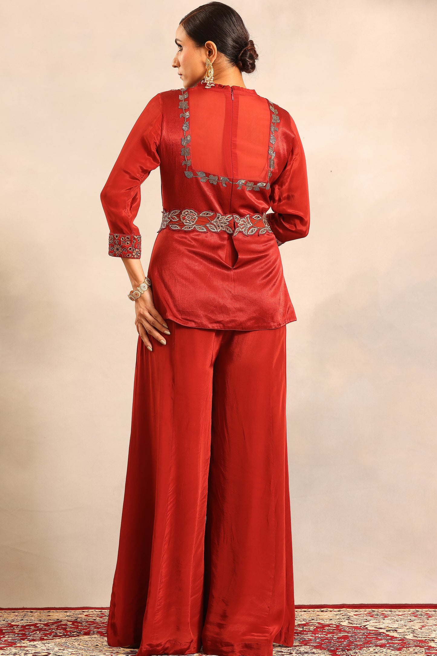 Red ajrakh fully handcrafted peplum top with flare pants