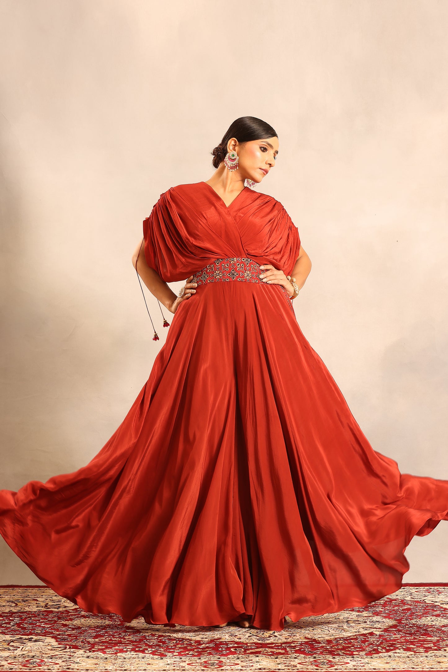 Red ajrakh embellished flared jumpsuit
